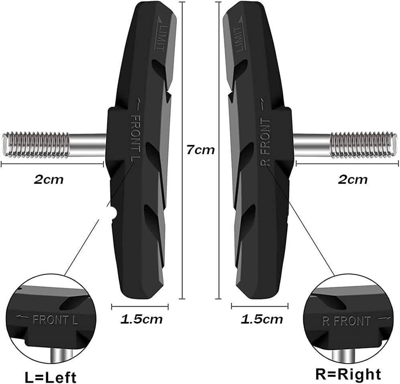 Zwei schwarze Fahrradbremsbeläge mit den angegebenen Maßen: 7 cm Höhe, 2 cm Breite und 1,5 cm Dicke.