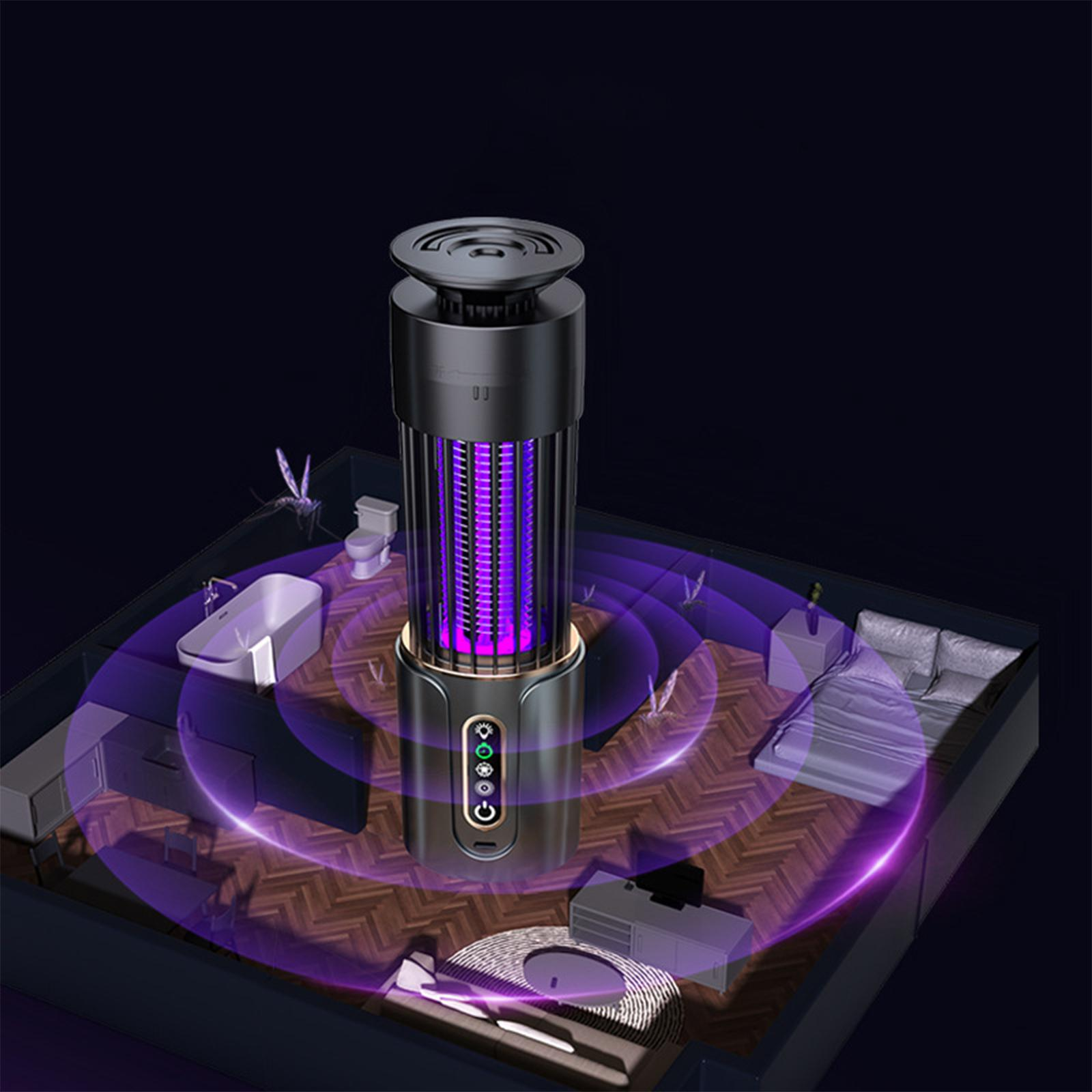 Eine Mückenfalle in einem Raum, die violettes Licht aussendet, mit sichtbarem Schlafzimmer und Badezimmer.