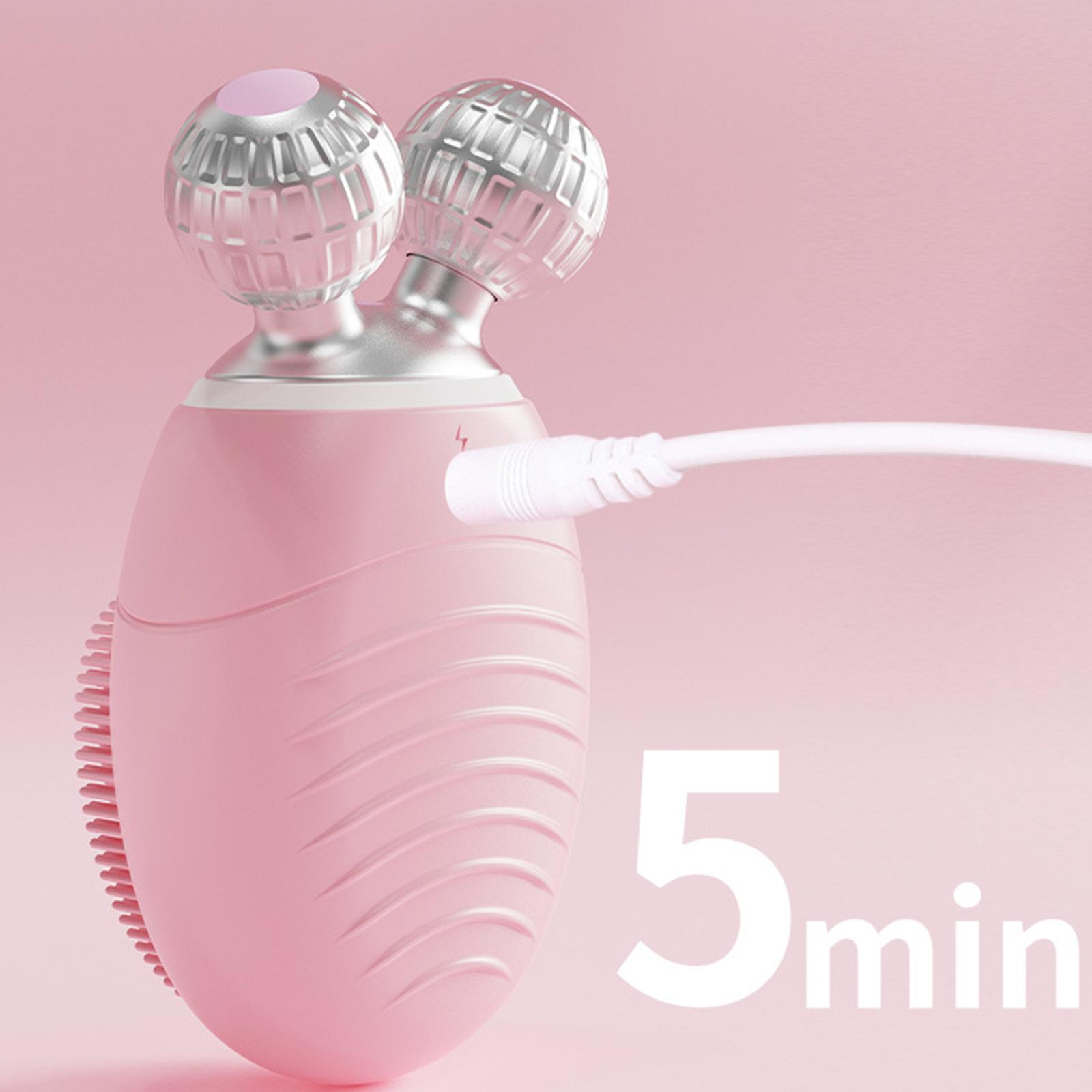 Rosa Gesichtsmassagegerät mit zwei silbernen Kugeln oben, wird geladen. Der Text '5 min' steht rechts.