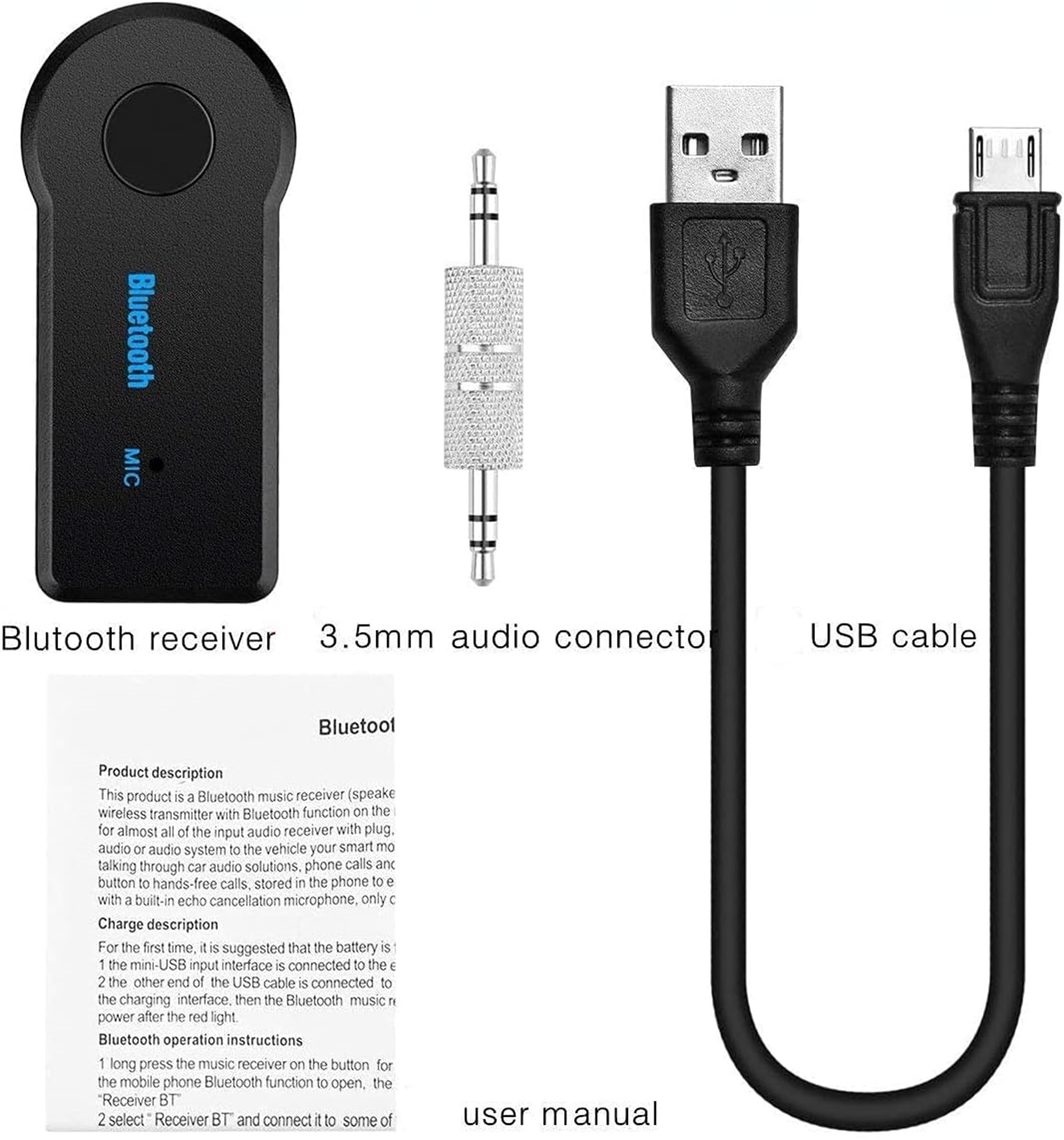 Schwarzer Bluetooth-Empfänger mit Kabeln und Anschlüssen. Text: Bluetooth-Empfänger, 3,5-mm-Audioanschluss, USB-Kabel.