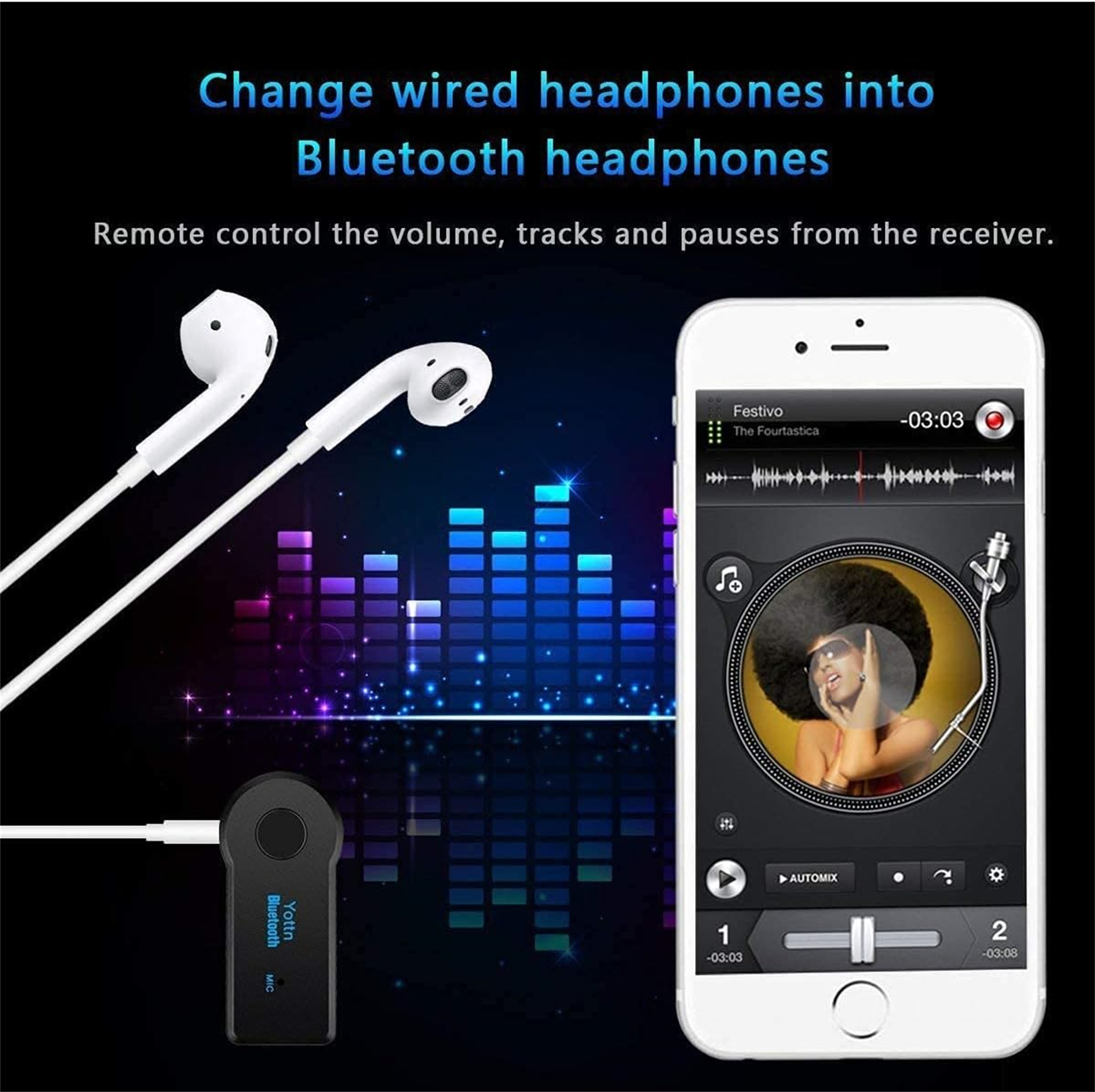 Telefon mit Musik-App. Bluetooth-Empfänger und Ohrhörer. Text: Kabelgebundene Kopfhörer in Bluetooth-Kopfhörer verwandeln.