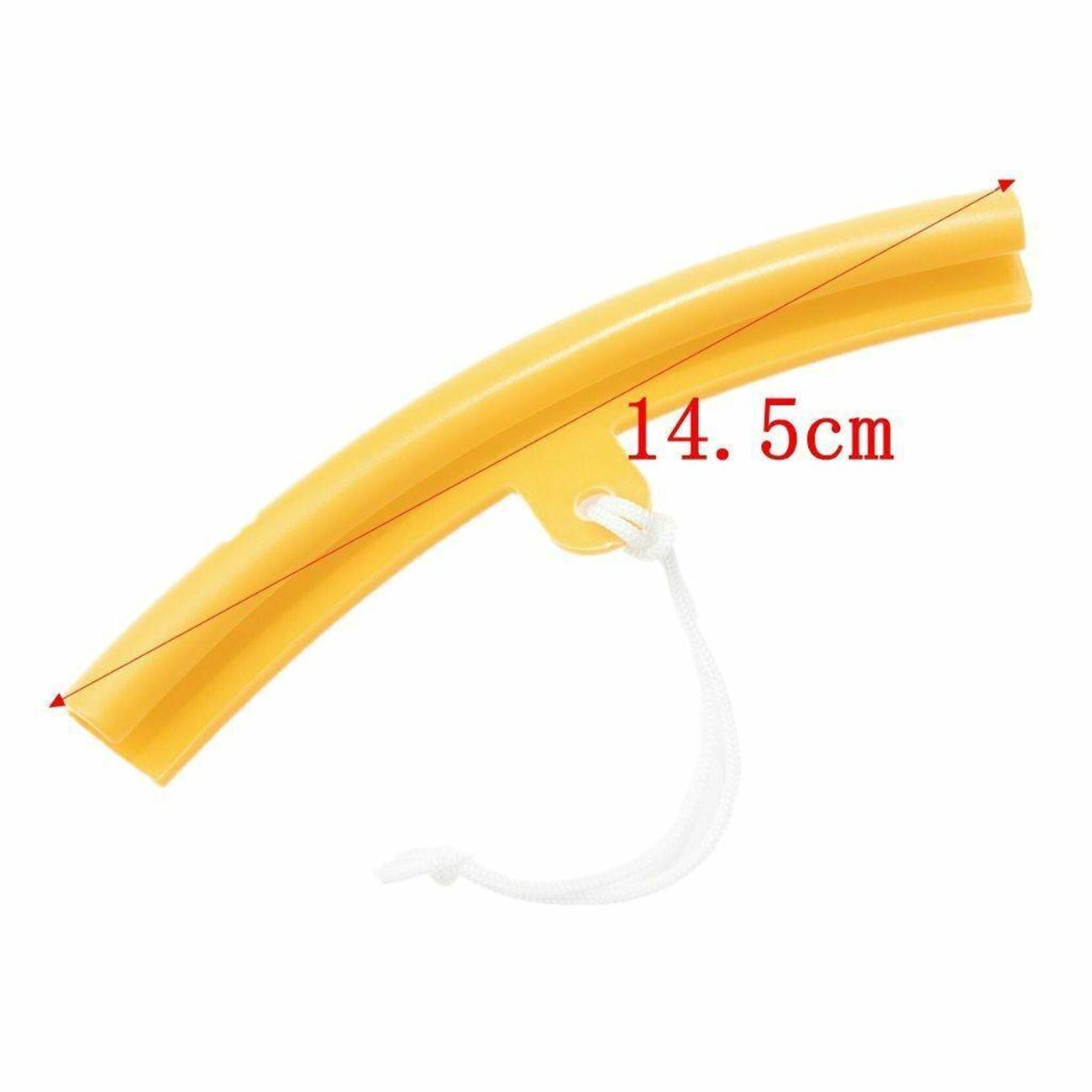 Gelbes Reifenhebelwerkzeug mit weißem Kabel, misst 14,5 cm, vor weißem Hintergrund.