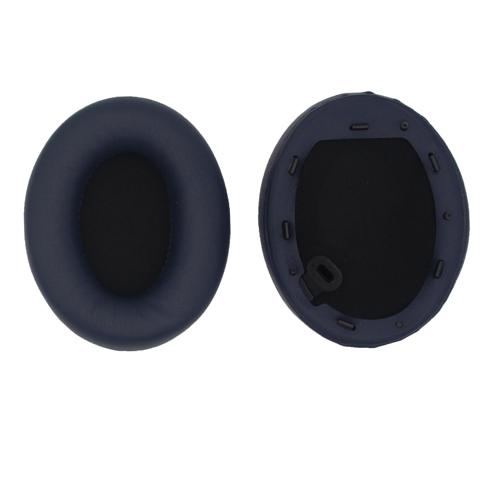 Due cuscinetti auricolari blu per cuffie, uno mostra il retro con interno nero.