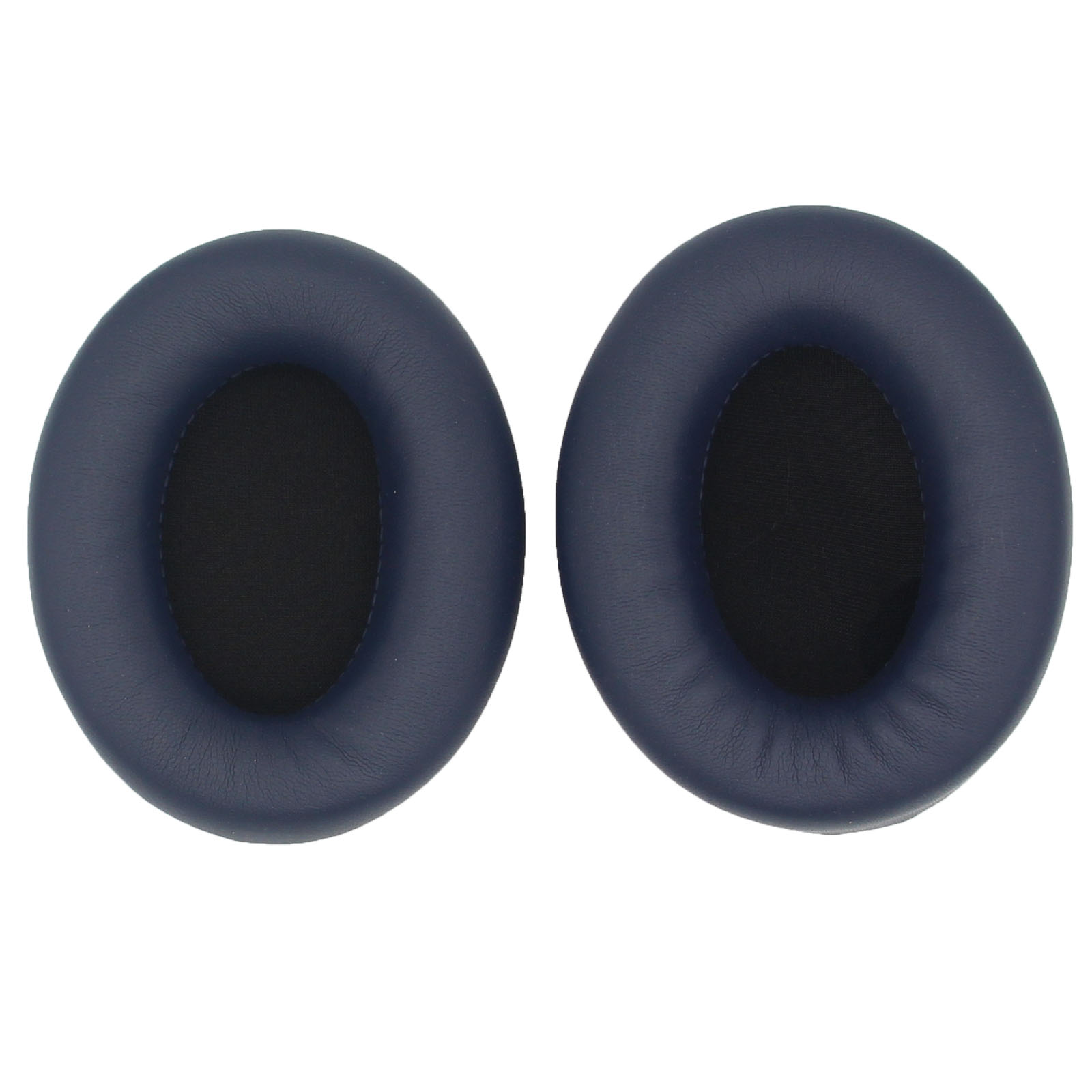 Due cuscinetti auricolari blu per cuffie, quello a sinistra mostra la parte superiore, quello a destra l'interno.