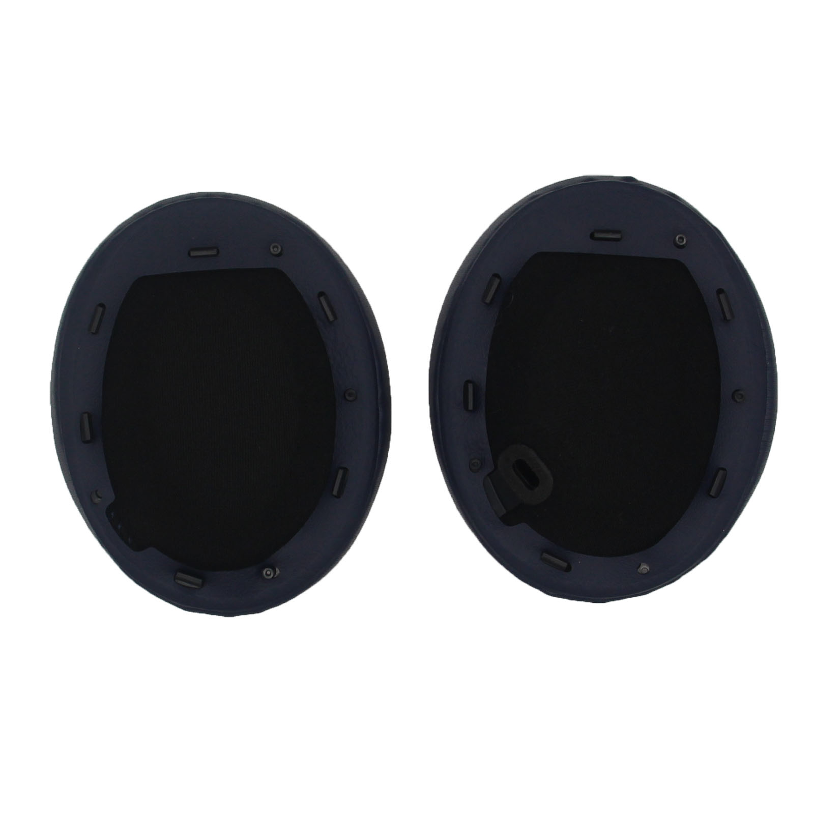 Due cuscinetti auricolari ovali blu scuro per cuffie, con interno nero, su sfondo bianco.
