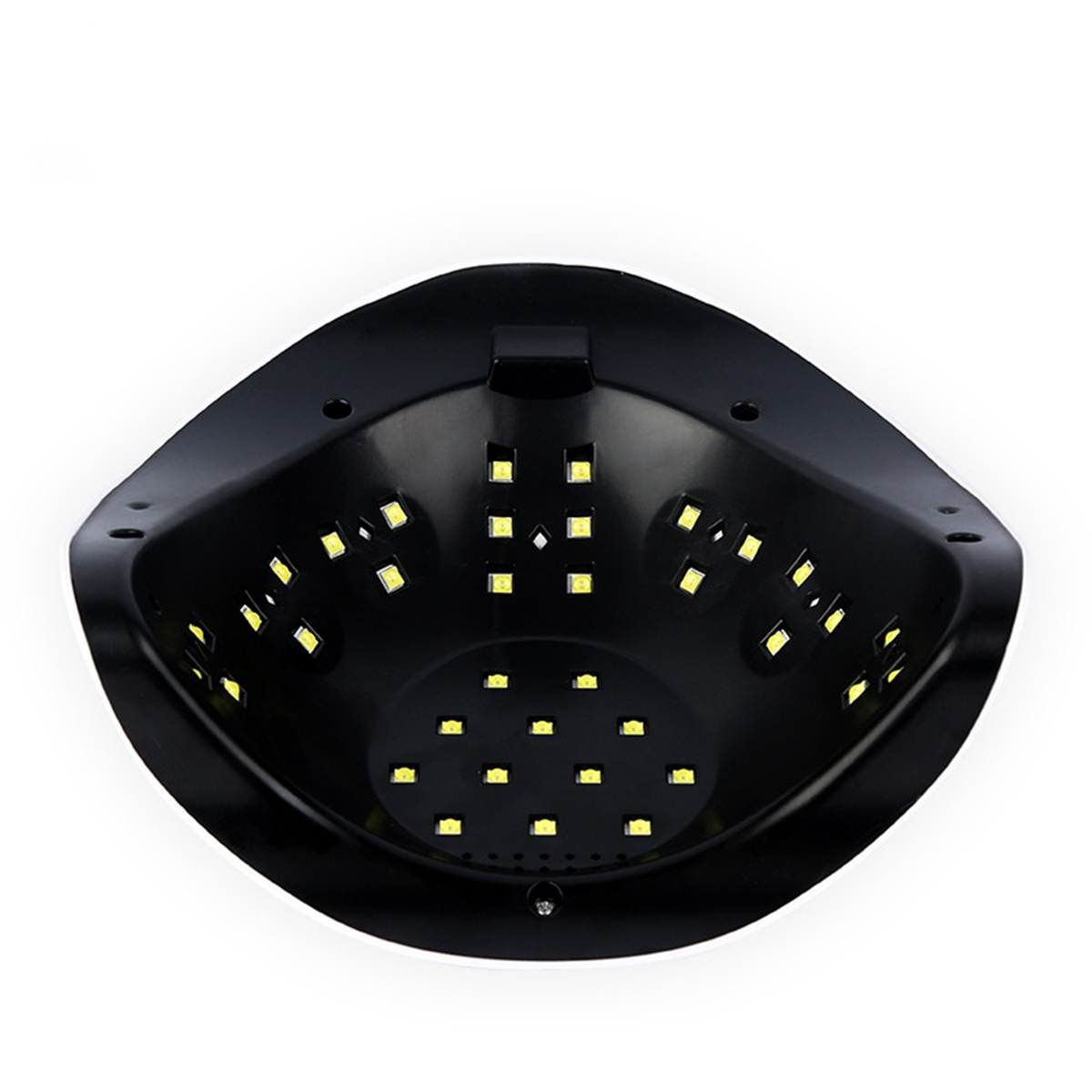 Eine schwarze UV-Nagellampe mit gelben Lichtern auf weißem Hintergrund.