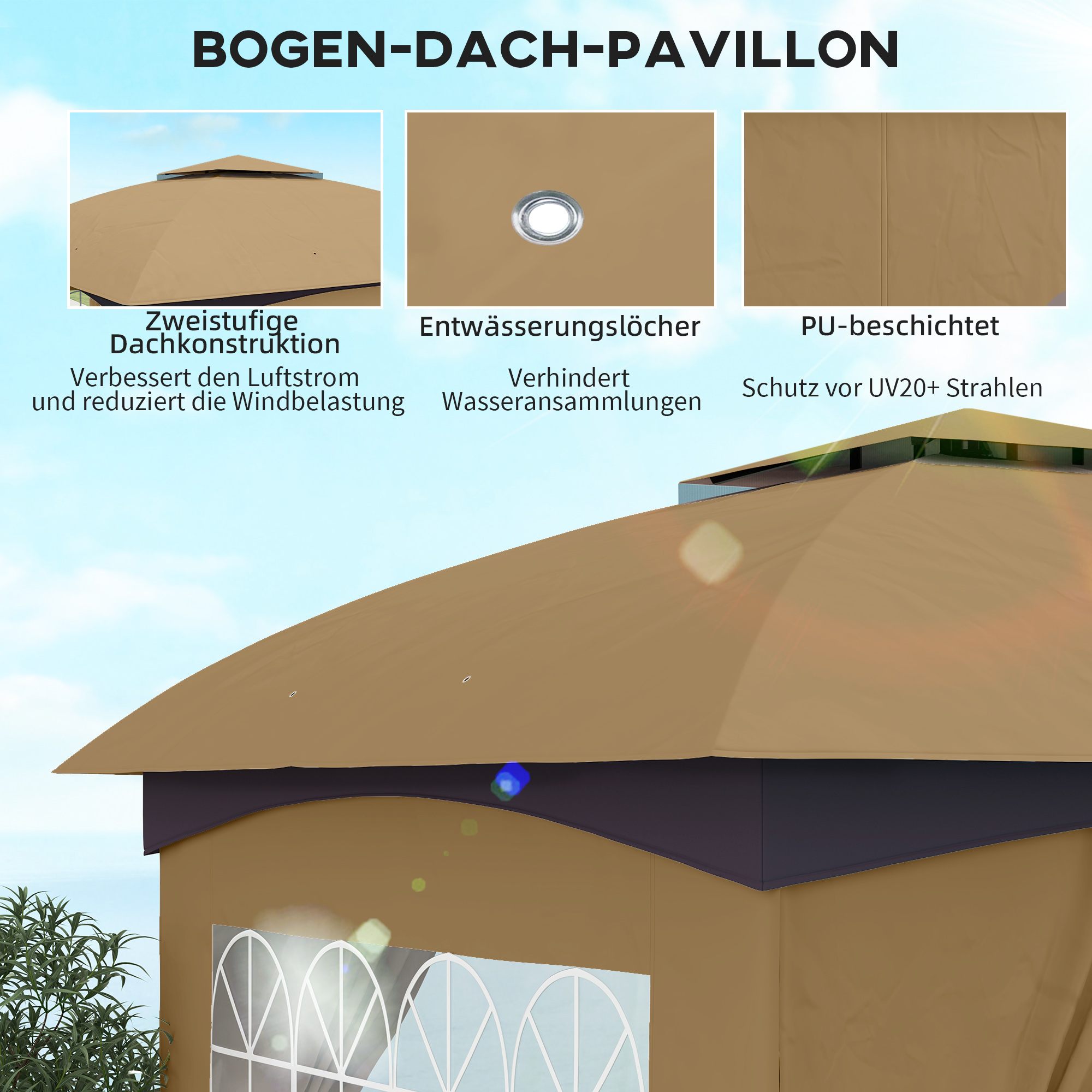 Nahaufnahme eines braunen Pavillondachs mit Text. Details umfassen ein zweistufiges Design und UV-Schutz.