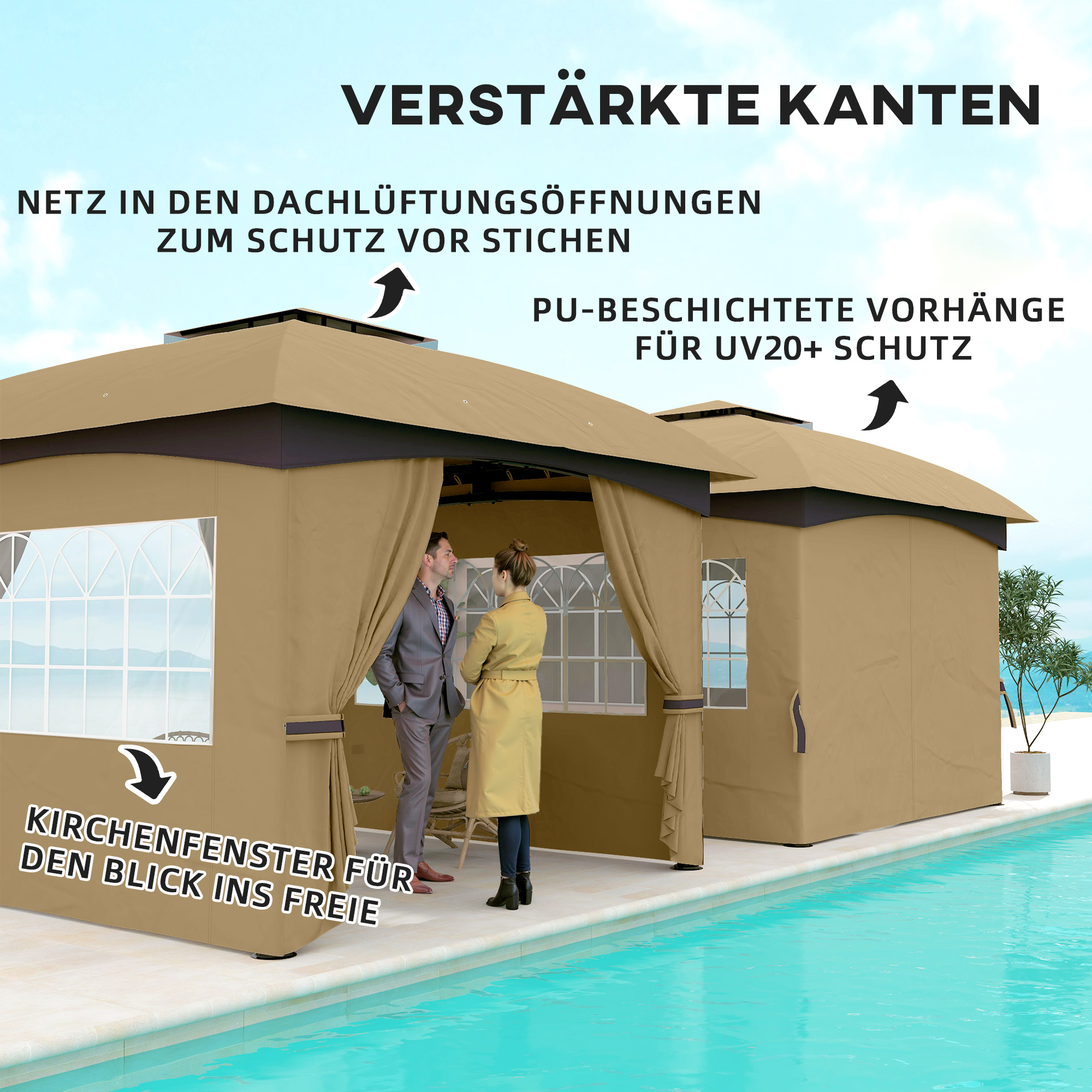 Pavillon mit deutschem Text, Personen und Pool. Text hebt verstärkte Kanten und UV-Schutz hervor.