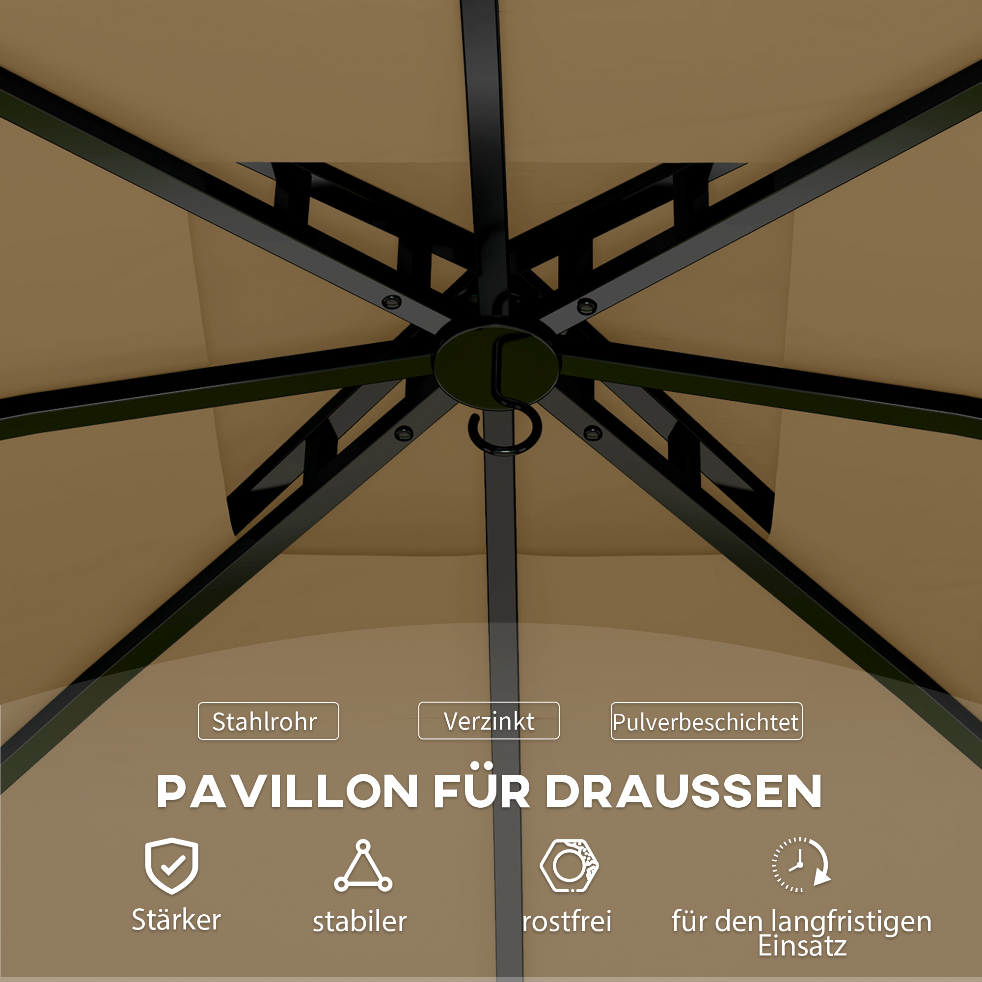 Nahaufnahme der braunen Pavillondachstruktur. Text hebt Merkmale wie Stahlrohr und Rostfreiheit hervor.