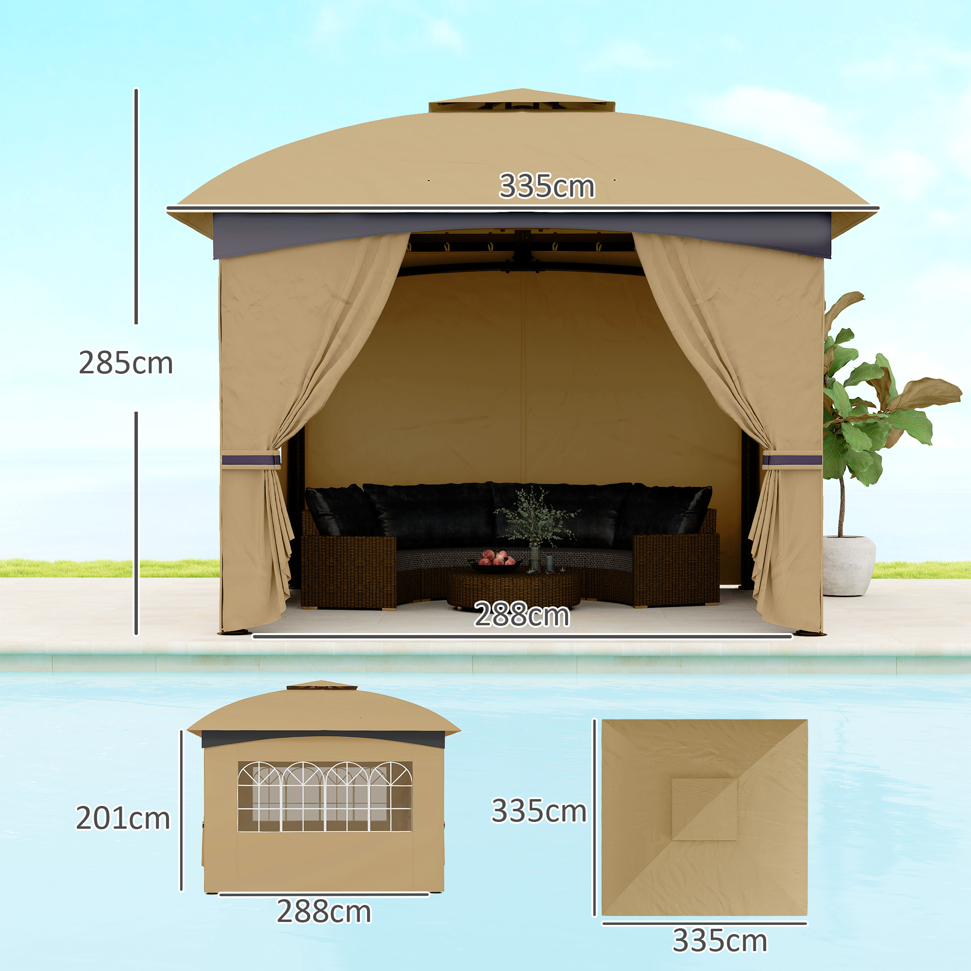 Pavillon mit Abmessungen, überlagert auf einem Pool. Merkmale umfassen Sofa, Tisch und Pflanzen innen.