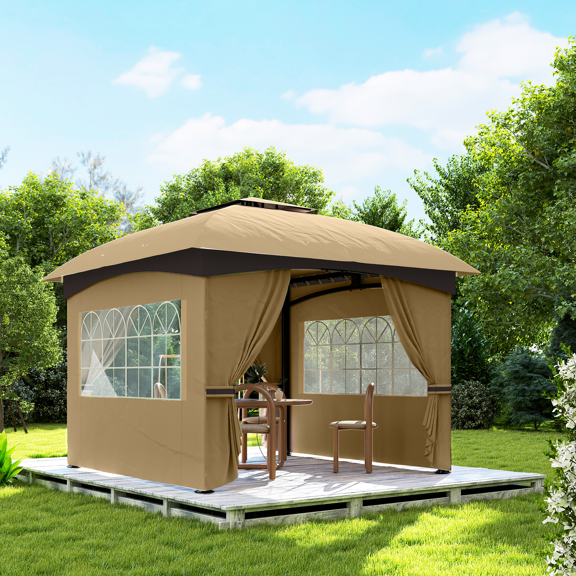 Beigefarbener Pavillon mit braunem Rahmen auf einem Holzdeck. Tisch und Stühle sind innen. Grünes Gras und Bäume im Hintergrund.