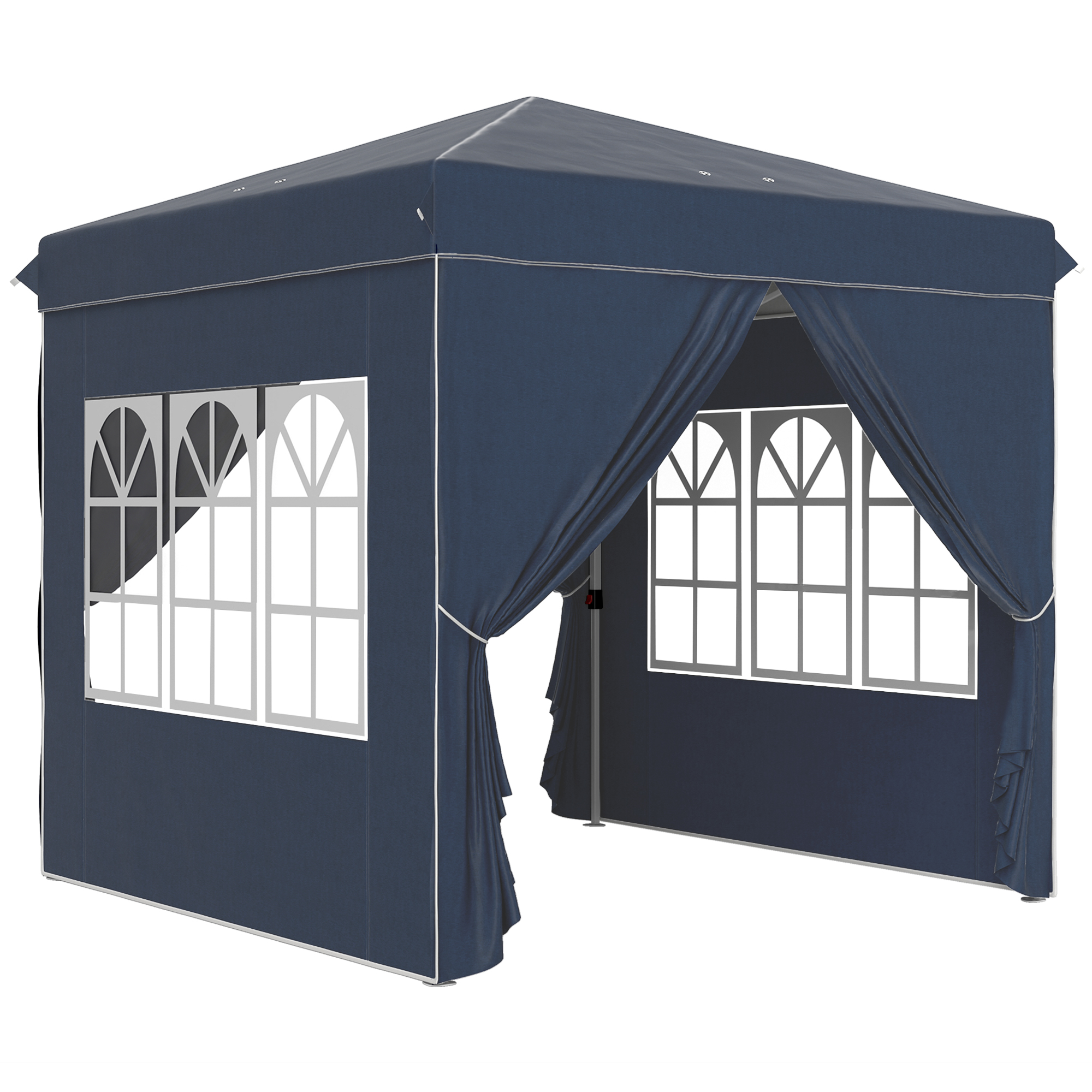 Dunkelblauer Pavillon mit weißem Rand. Der Pavillon ist geschlossen und hat gewölbte Fenster.