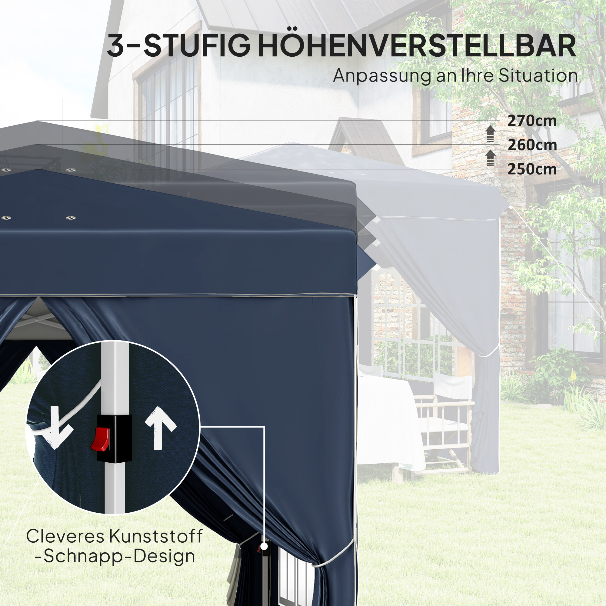 Marineblauer Außengazebo mit einstellbaren Höheneinstellungen. Detail zeigt Schnappdesign. Hintergrund ist ein Haus und Gras.
