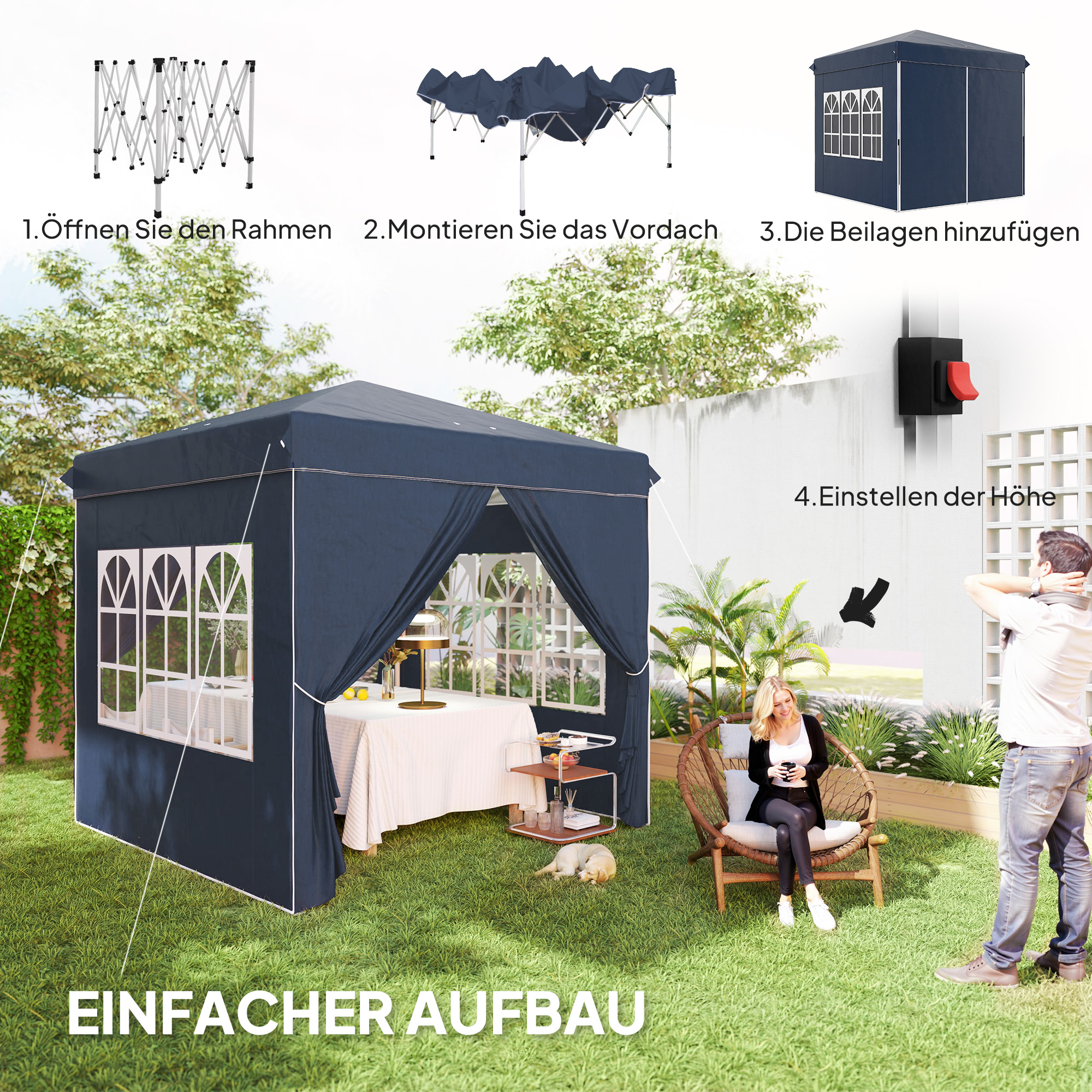 Anleitung auf Deutsch zum Aufbau eines dunkelblauen Pavillons. Enthält Schritte und ein Paar.