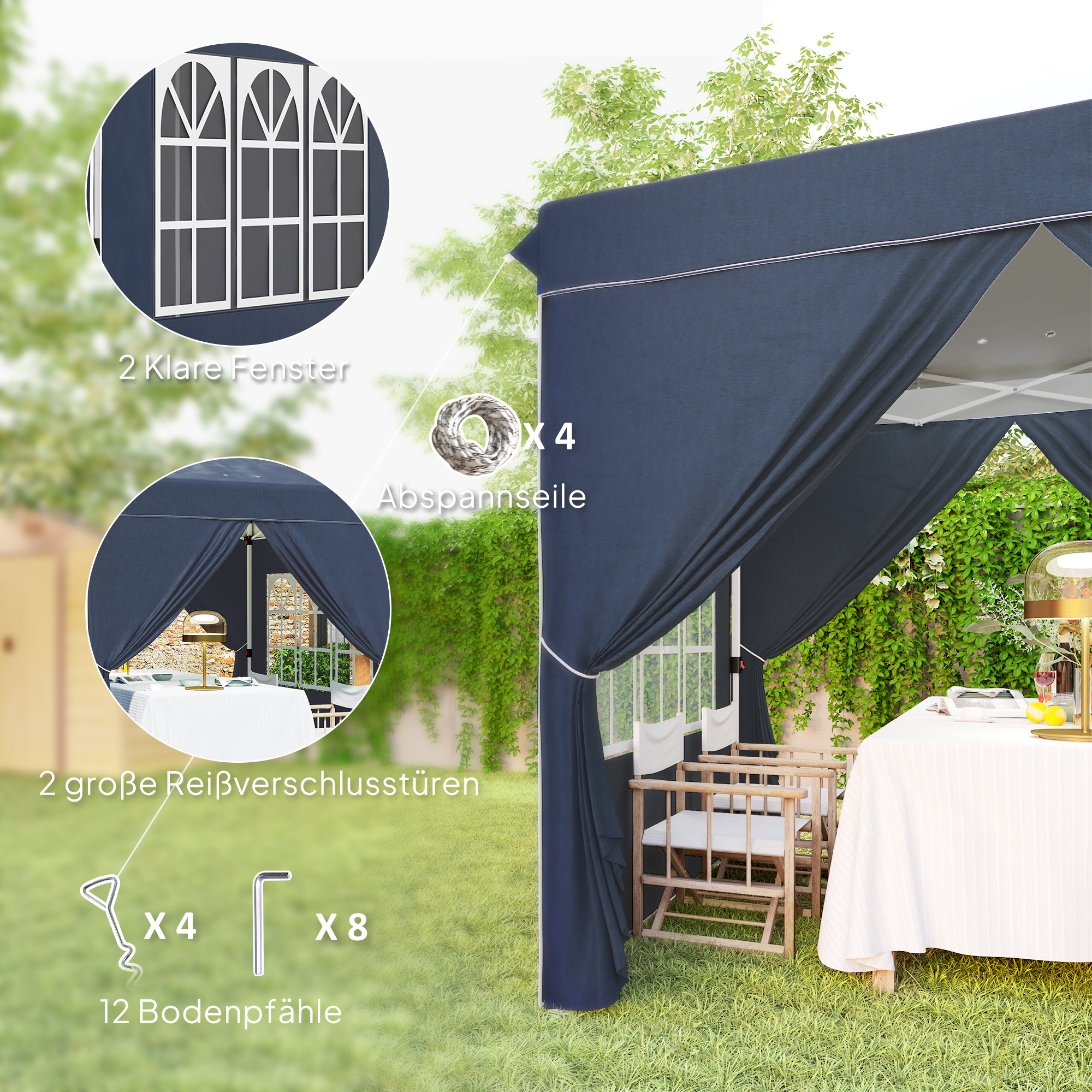 Blauer Pavillon mit weißen Fenstern und Türen sowie Werkzeugen und Zubehör. Grünes Gras und ein Tisch sind vorhanden.