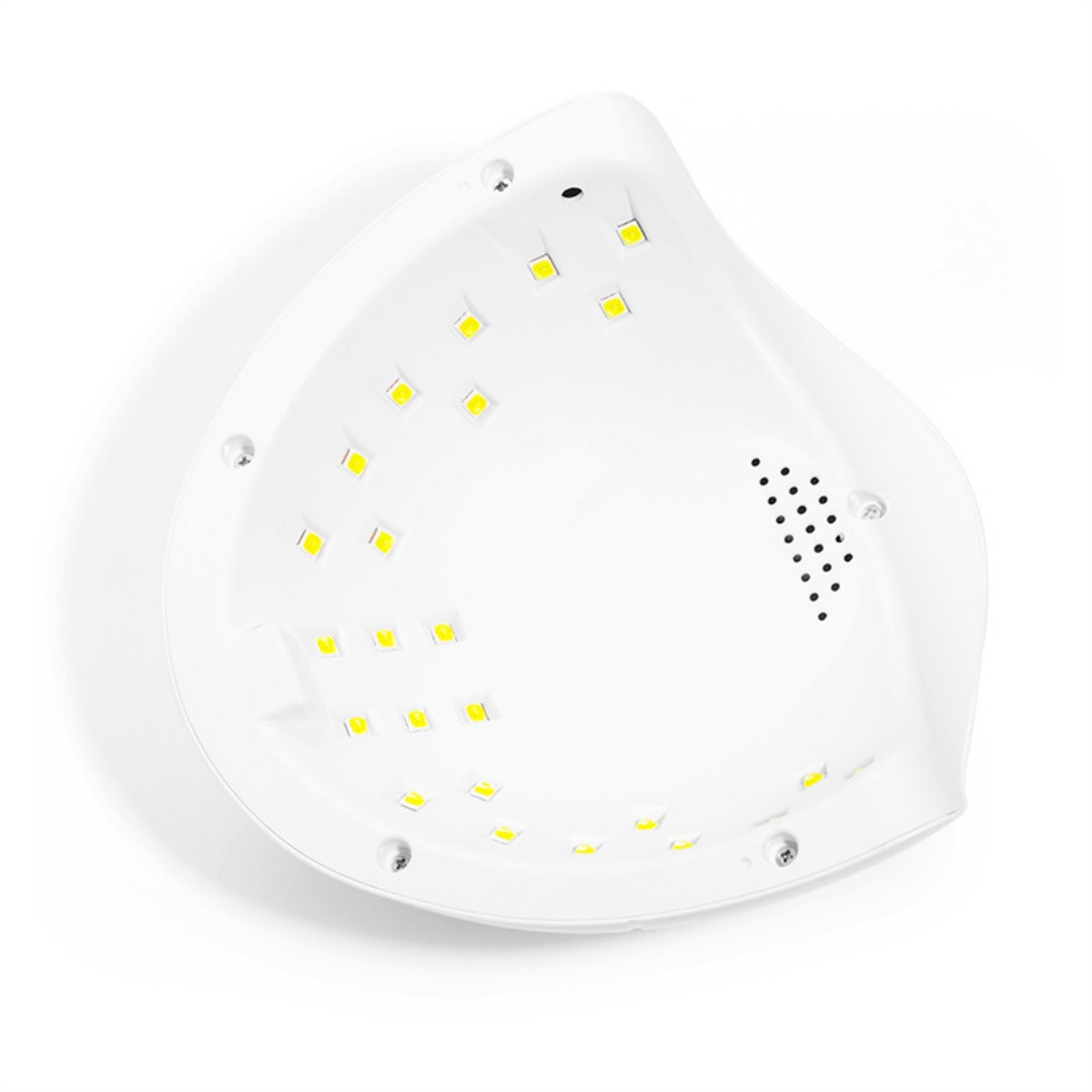 Weiße UV-Nagellampe. Innenansicht zeigt UV-LEDs, Draufsicht auf die Lampe.
