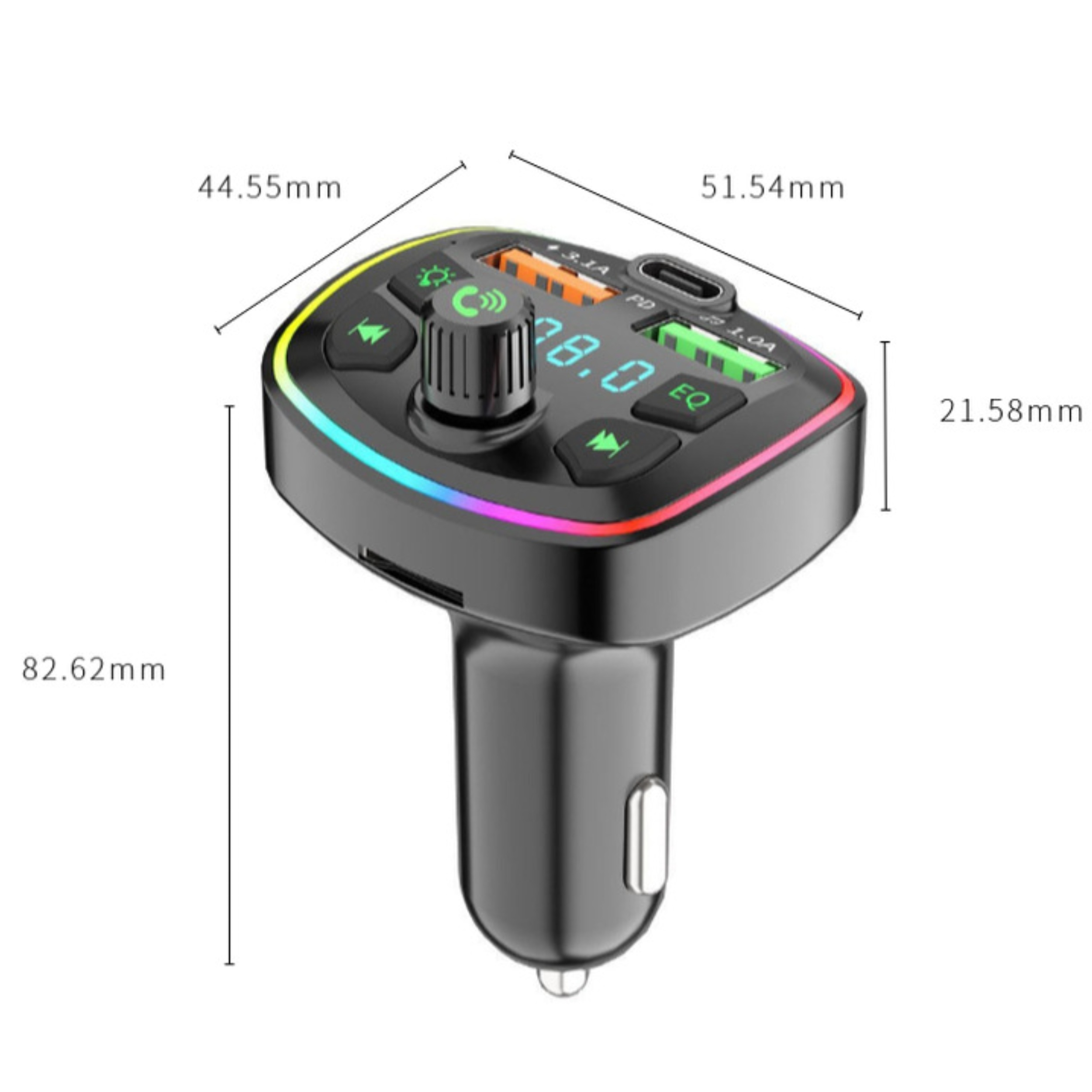 Ein schwarzer Auto-Adapter mit Digitalanzeige, die 8.0 anzeigt. Hat einen farbigen Lichtring.