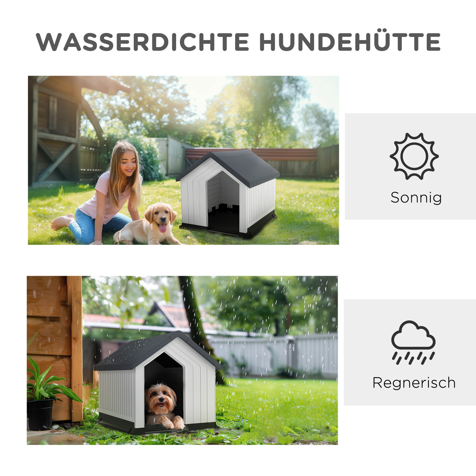 Hundehaus bei sonnigen und regnerischen Bedingungen. Ein Mädchen und ein Hund befinden sich in der sonnigen Szene.