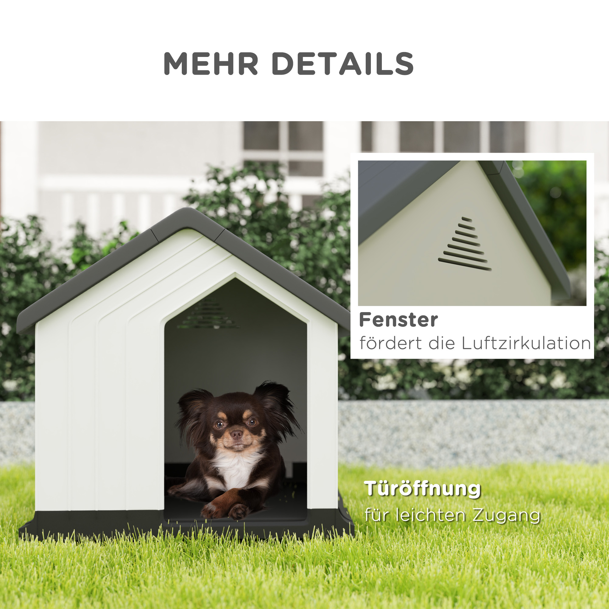 Hund in einem weißen Hundehütte. Das Haus hat ein schwarzes Dach und weiße Wände.