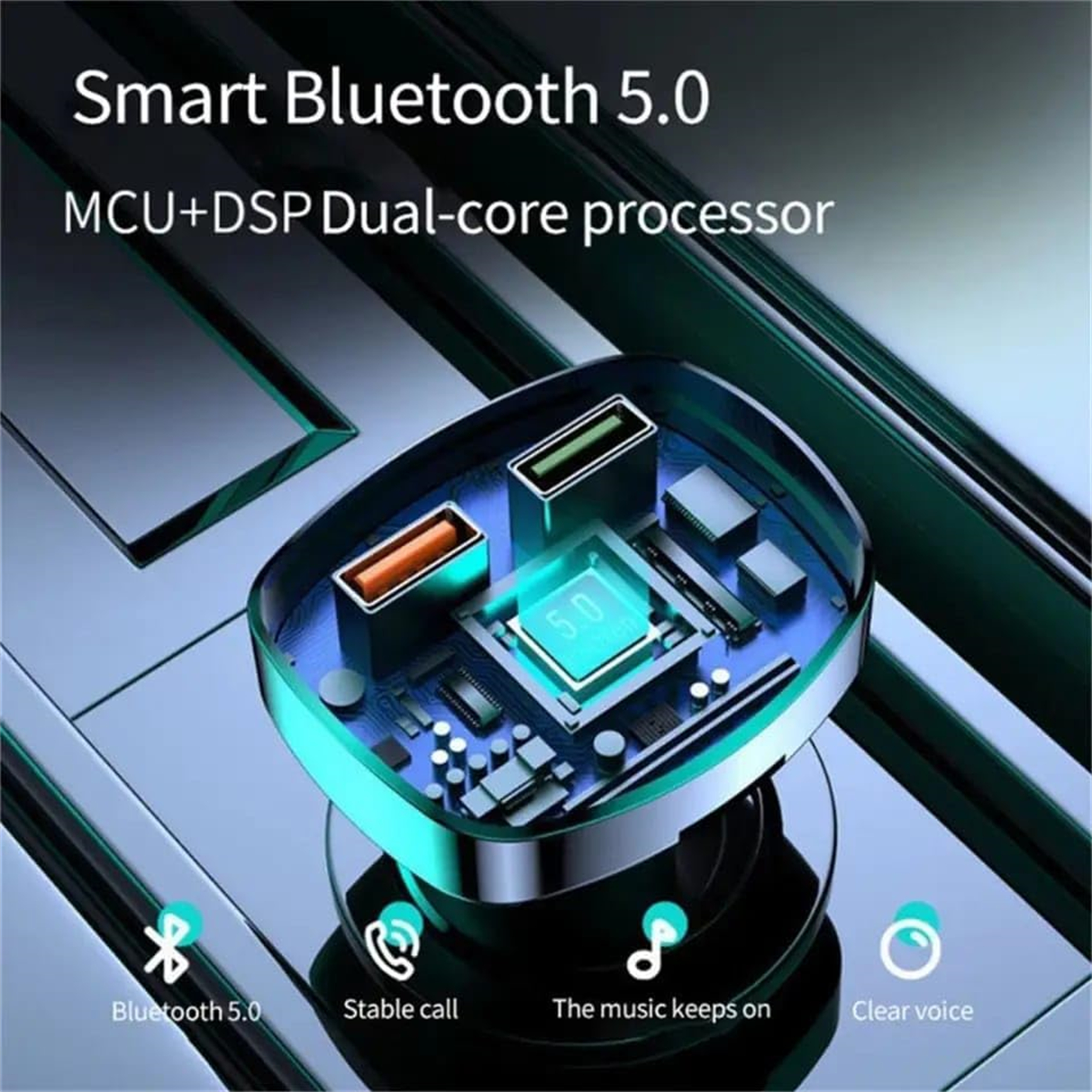 Elektronisches Gerät mit Display. Bluetooth 5.0, klare Stimme und weitere Funktionen sind aufgeführt.