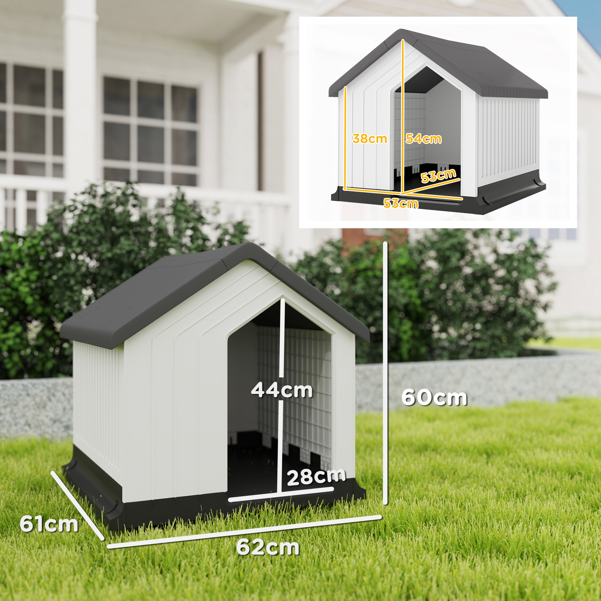 Weißes Hundehütte mit schwarzem Dach. Im Garten mit Gras. Abmessungen in weißen Linien gezeigt.