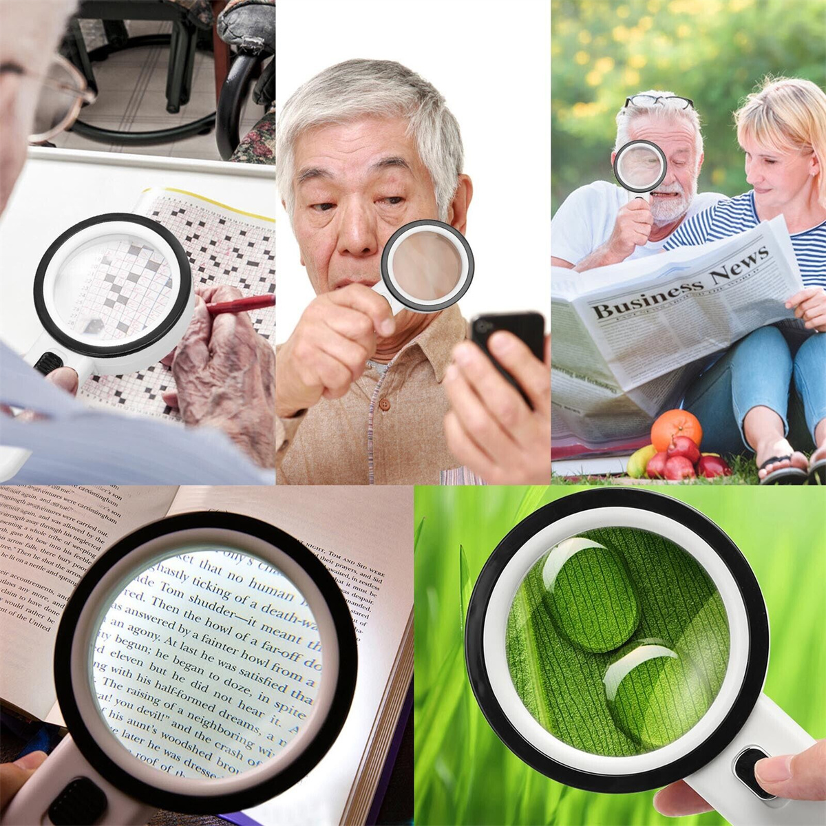 Collage von Bildern mit Lupen. Menschen verwenden sie zum Lesen, Betrachten von Objekten usw.