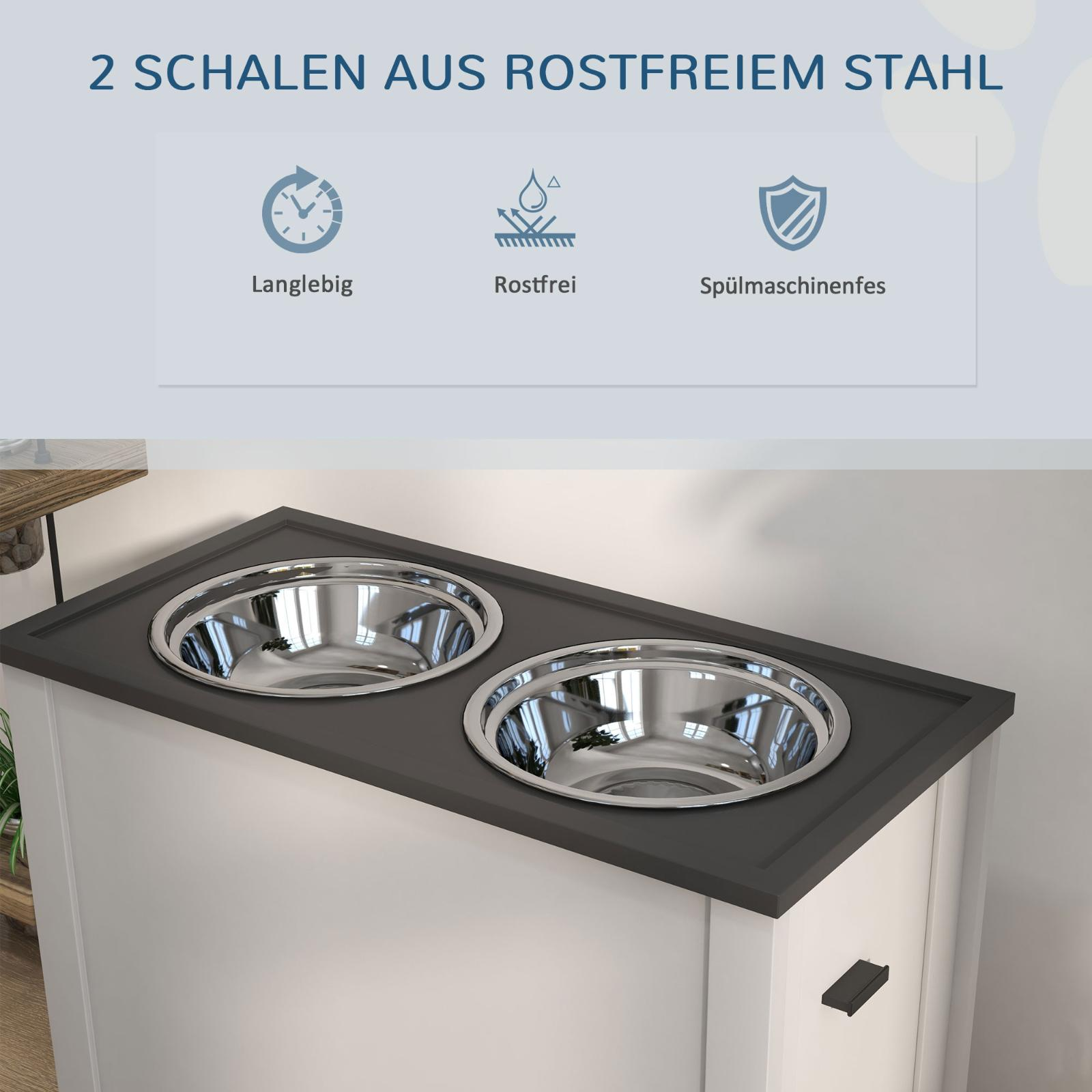 Nahaufnahme eines weißen Futterschranks mit zwei Edelstahlnäpfen und zwei Symbolen, die Lebensmittelsicherheit anzeigen.