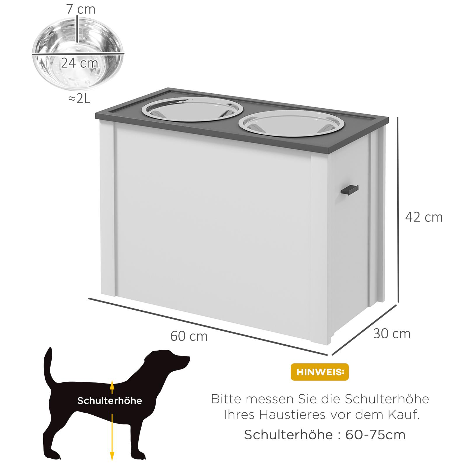 Weißer Futterschrank mit zwei Edelstahlnäpfen, Maße sind angegeben, und eine Hunde-Silhouette ist vorhanden.