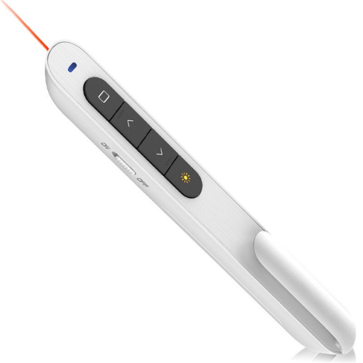 Weiße Präsentationsfernbedienung mit mehreren Tasten, Laserpointer und Ein/Aus-Schalter. Das Gerät ist abgewinkelt.
