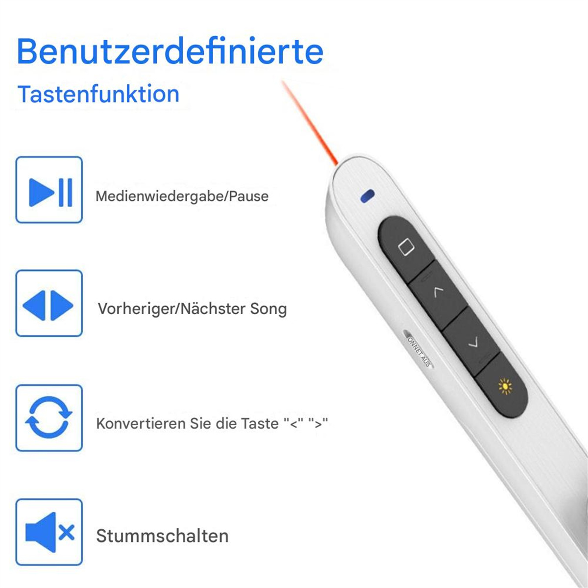 Eine weiße Präsentationsfernbedienung mit Tasten, die Wiedergabe/Pause, vorherige/nächste, konvertieren und stummschalten.