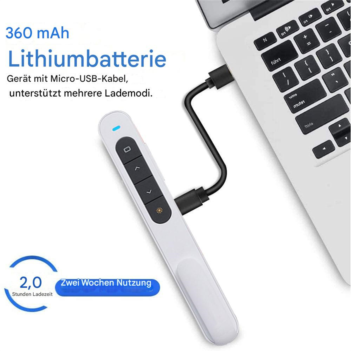 Eine weiße Präsentationsfernbedienung, verbunden mit einem Laptop, mit Ladekabel und Batterieinfografik.