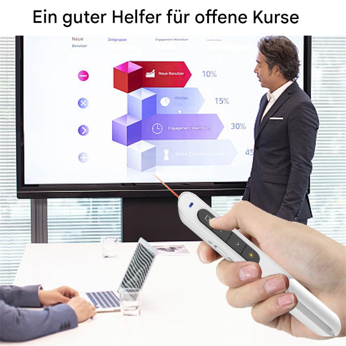 Ein Präsentator verwendet einen weißen Laserpointer mit einem Präsentationsbildschirm im Hintergrund.