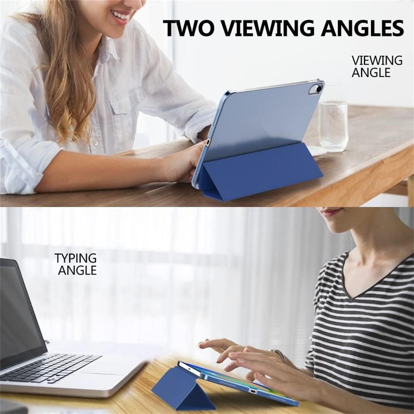 Ein iPad in einem blauen Ständer auf einem Tisch. Zwei Betrachtungswinkel werden gezeigt.