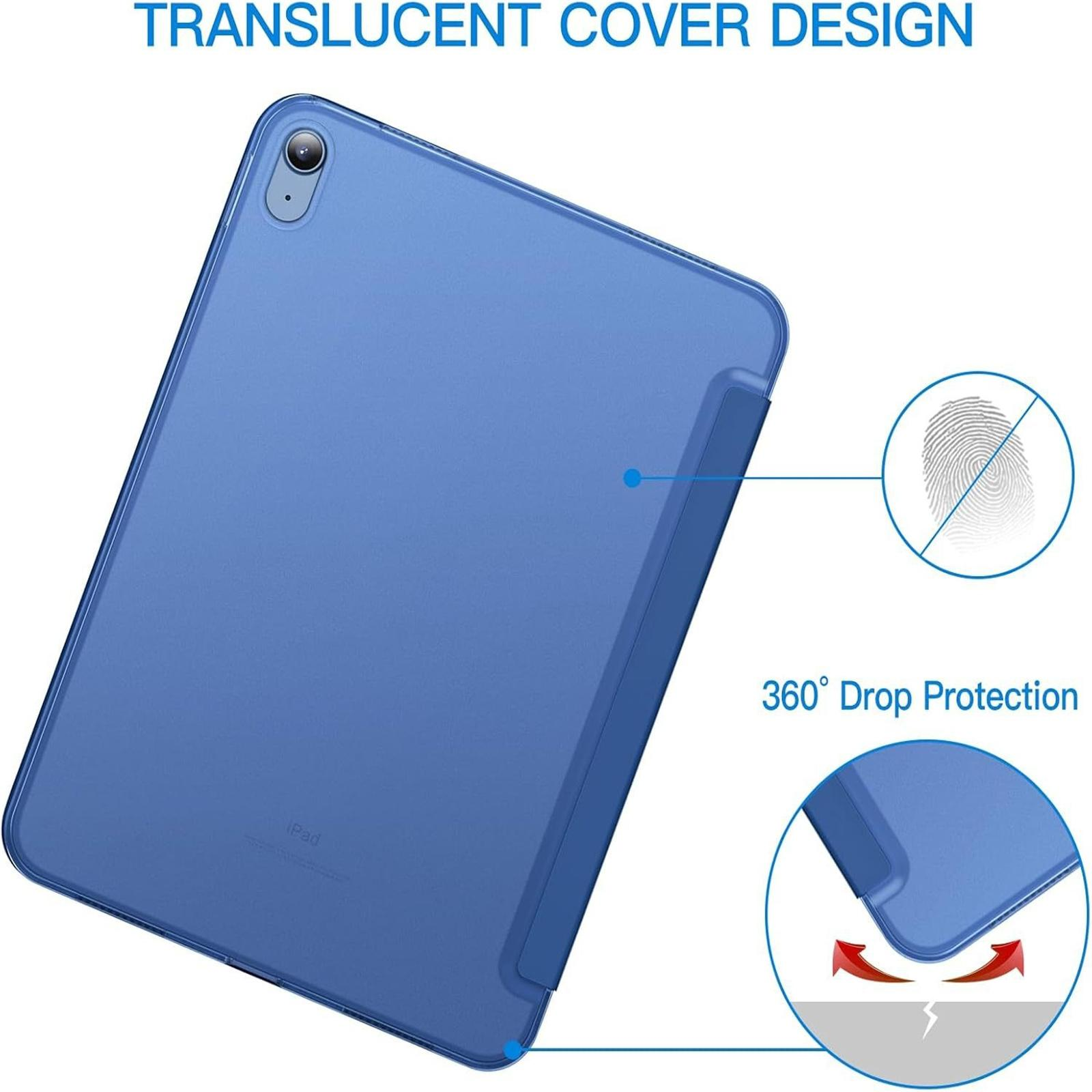 Blaue iPad-Hülle mit transparentem Cover-Design. Zeigt das iPad mit 360-Grad-Fallschutz.
