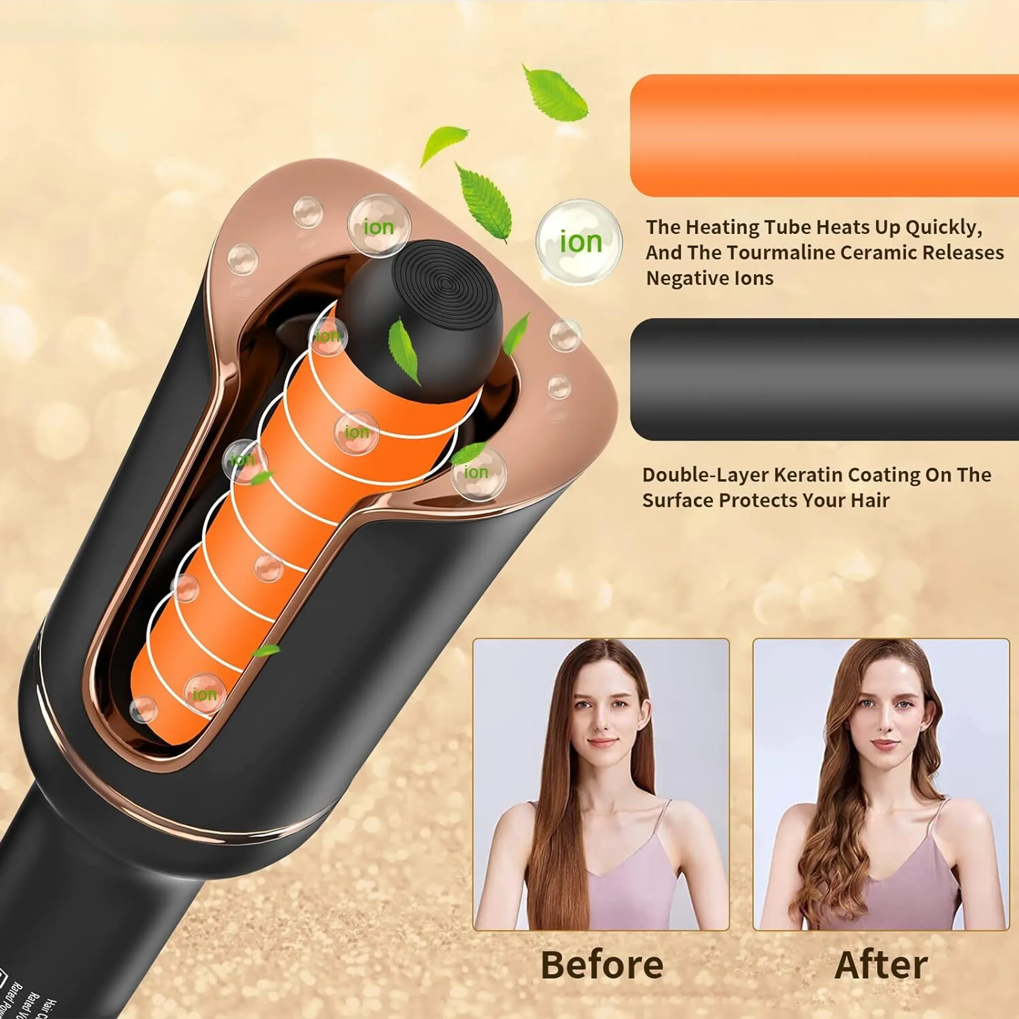 Haar-Lockenwickler mit Text, der Vorher-Nachher-Haare zeigt. Schwarz-Gold-Töne.