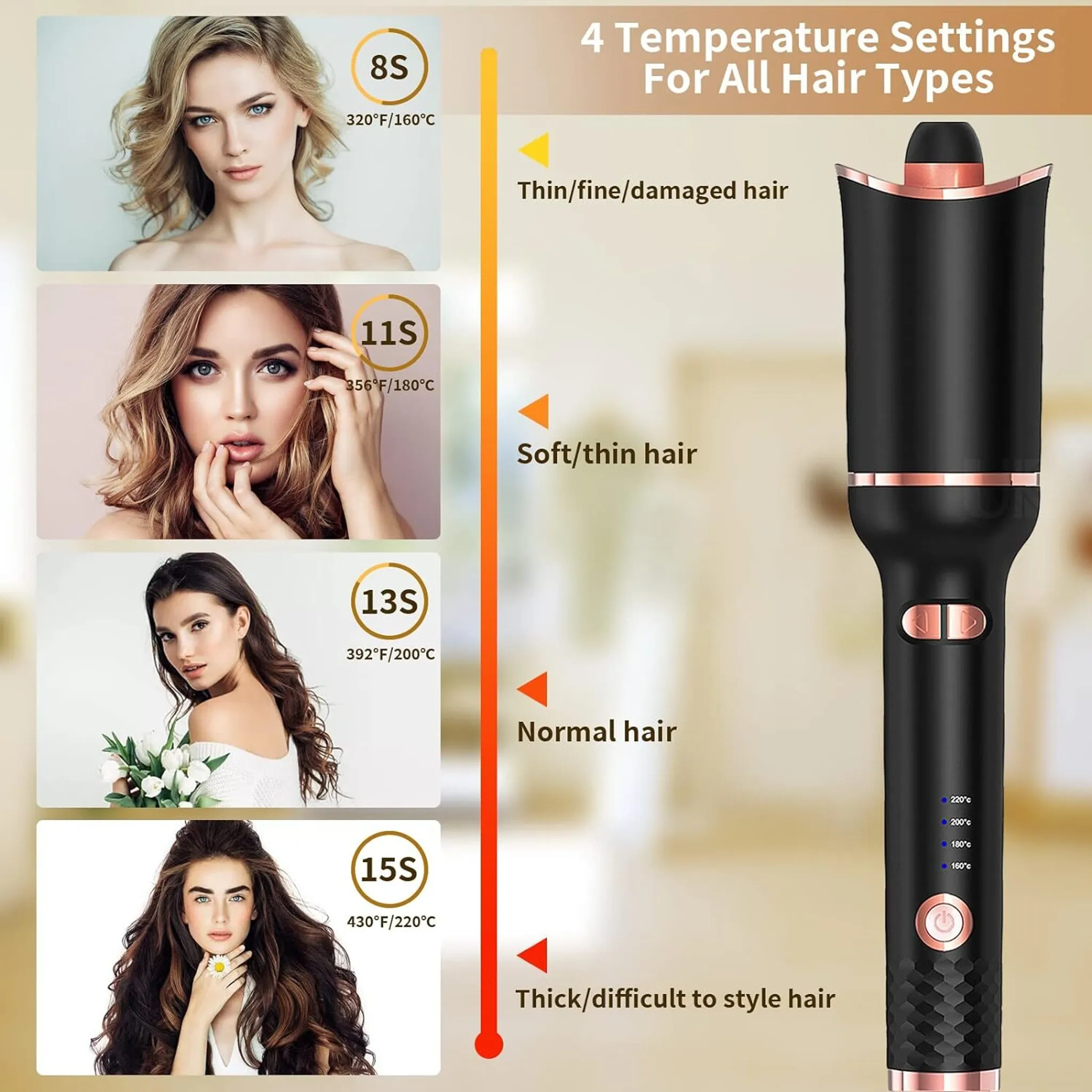 Ein Lockenstab mit vier Haartypen und Einstellungen. Das Eisen ist schwarz und gold mit einem Frauenbild.