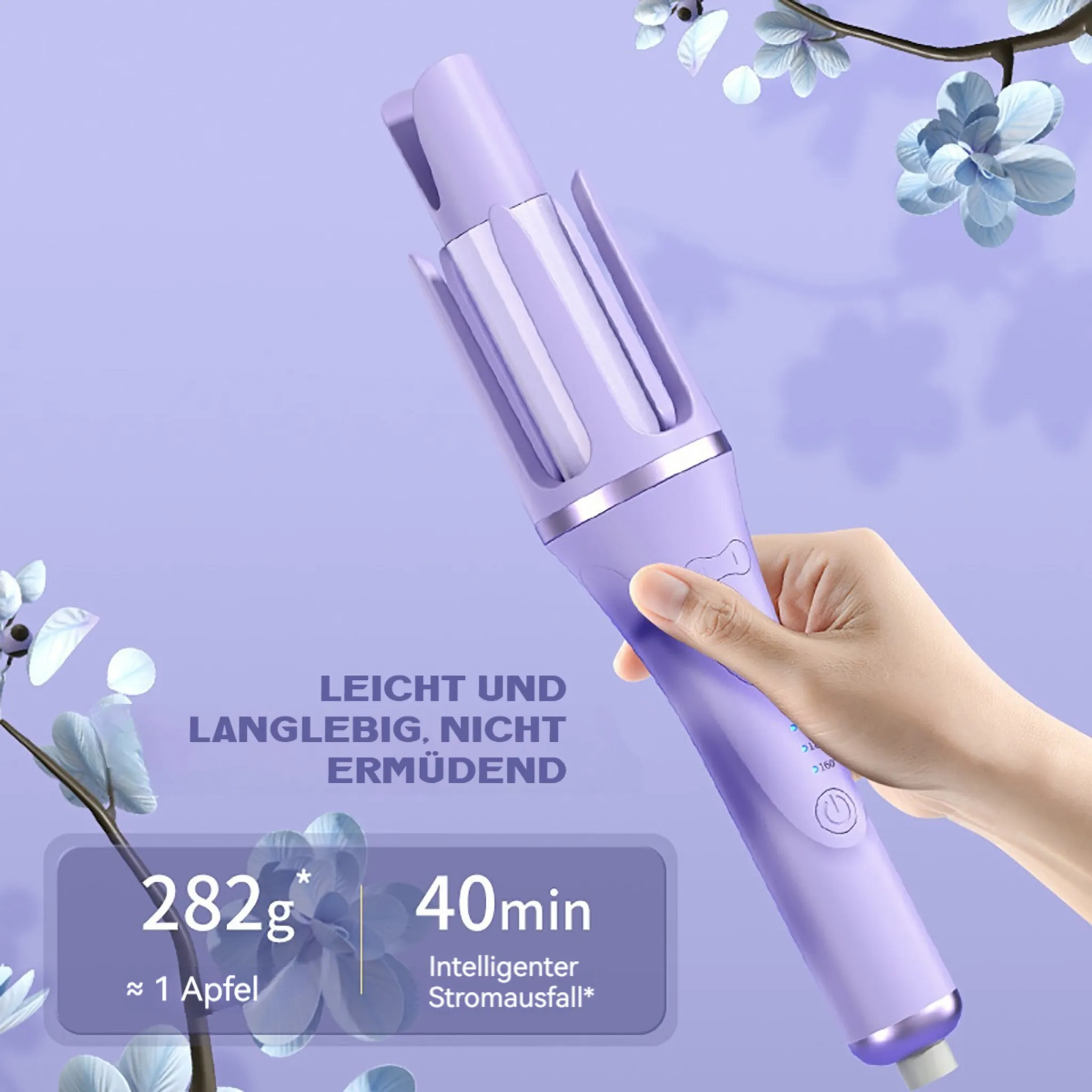 Ein lila Lockenstab, der von einer Hand gehalten wird. Text zeigt Gewicht und Nutzungszeit.
