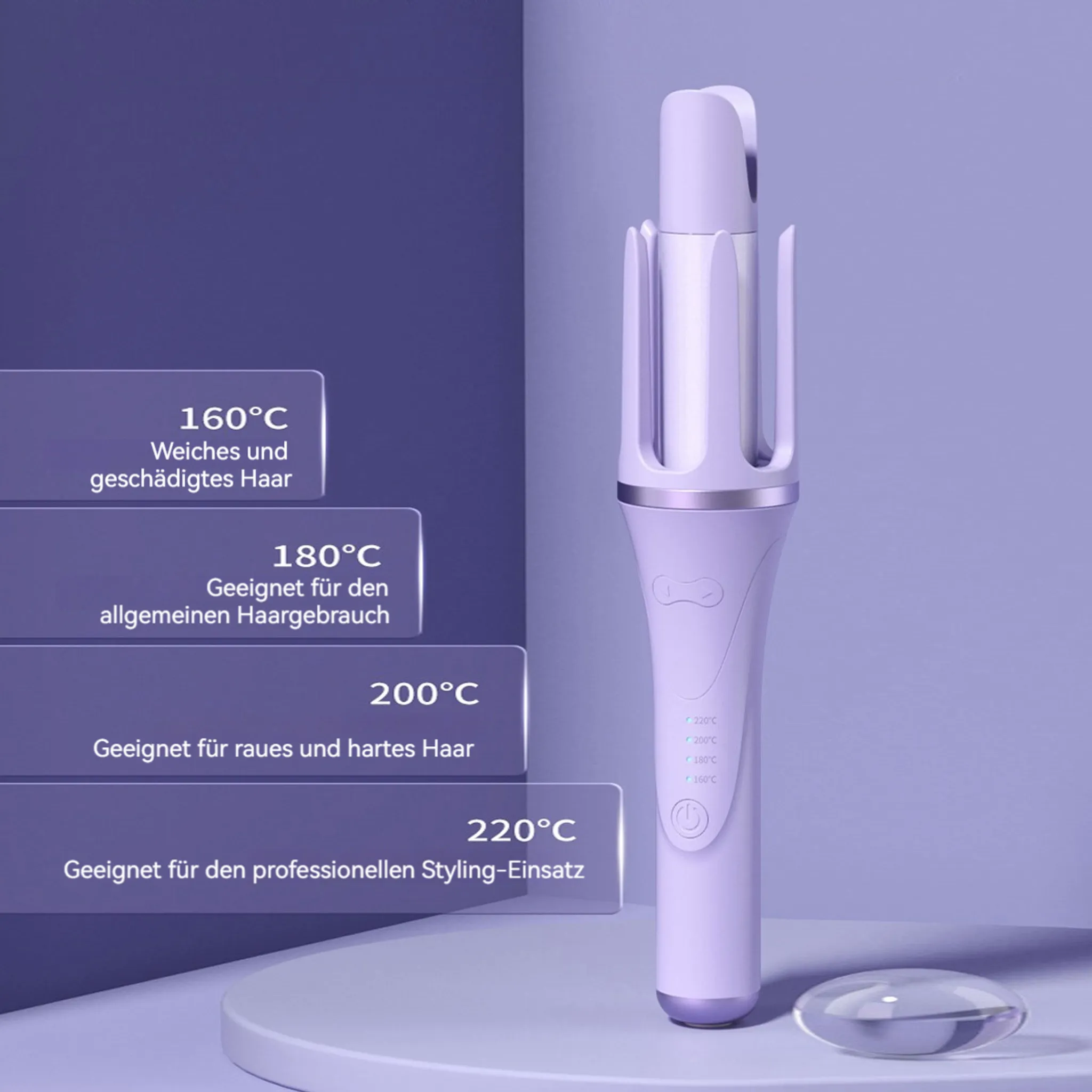 Ein lilafarbenes Lockenstab mit Temperatureinstellungen. Text zeigt Temperatureinstellungen und Haartypen.