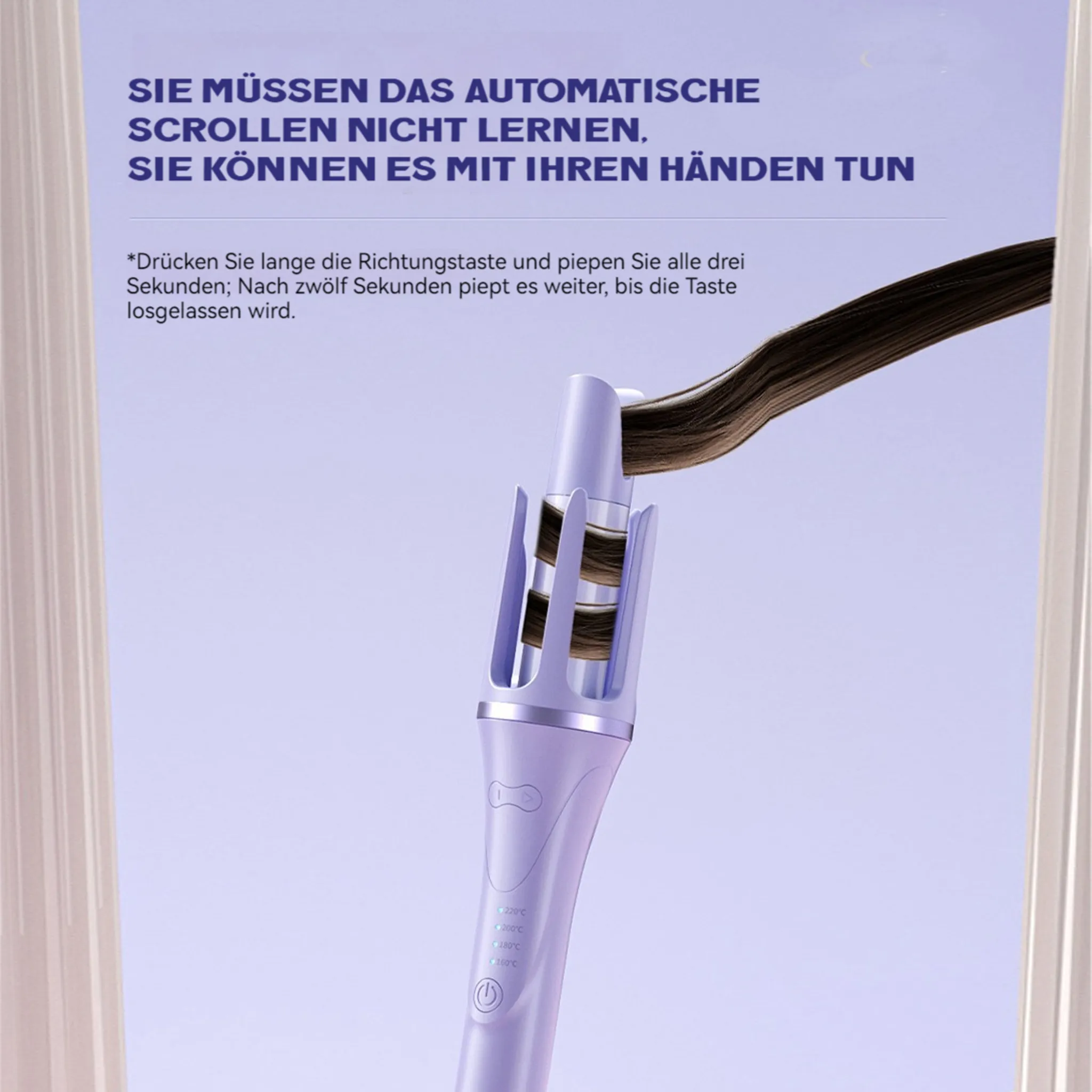 Ein lilafarbenes Lockenstab, der Haare stylt. Text gibt Hinweise zur Verwendung des Geräts.