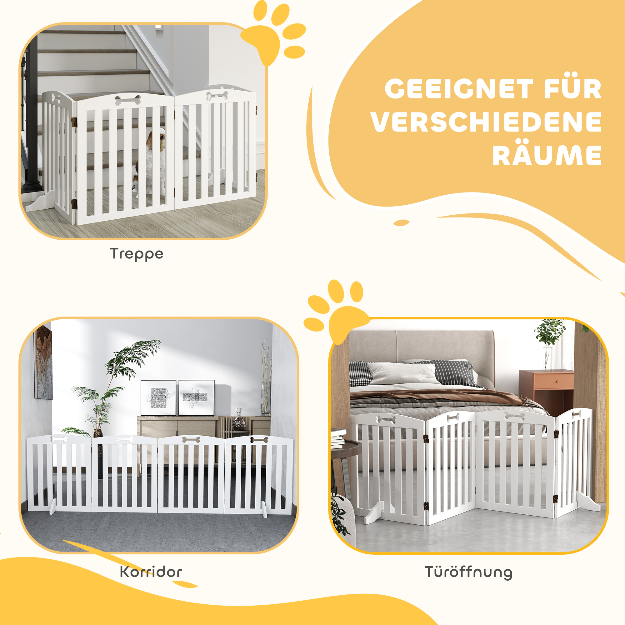 Weisses Babygitter in verschiedenen Bereichen verwendet: Treppe, Flur und Tür. Verschiedene Anwendungen.