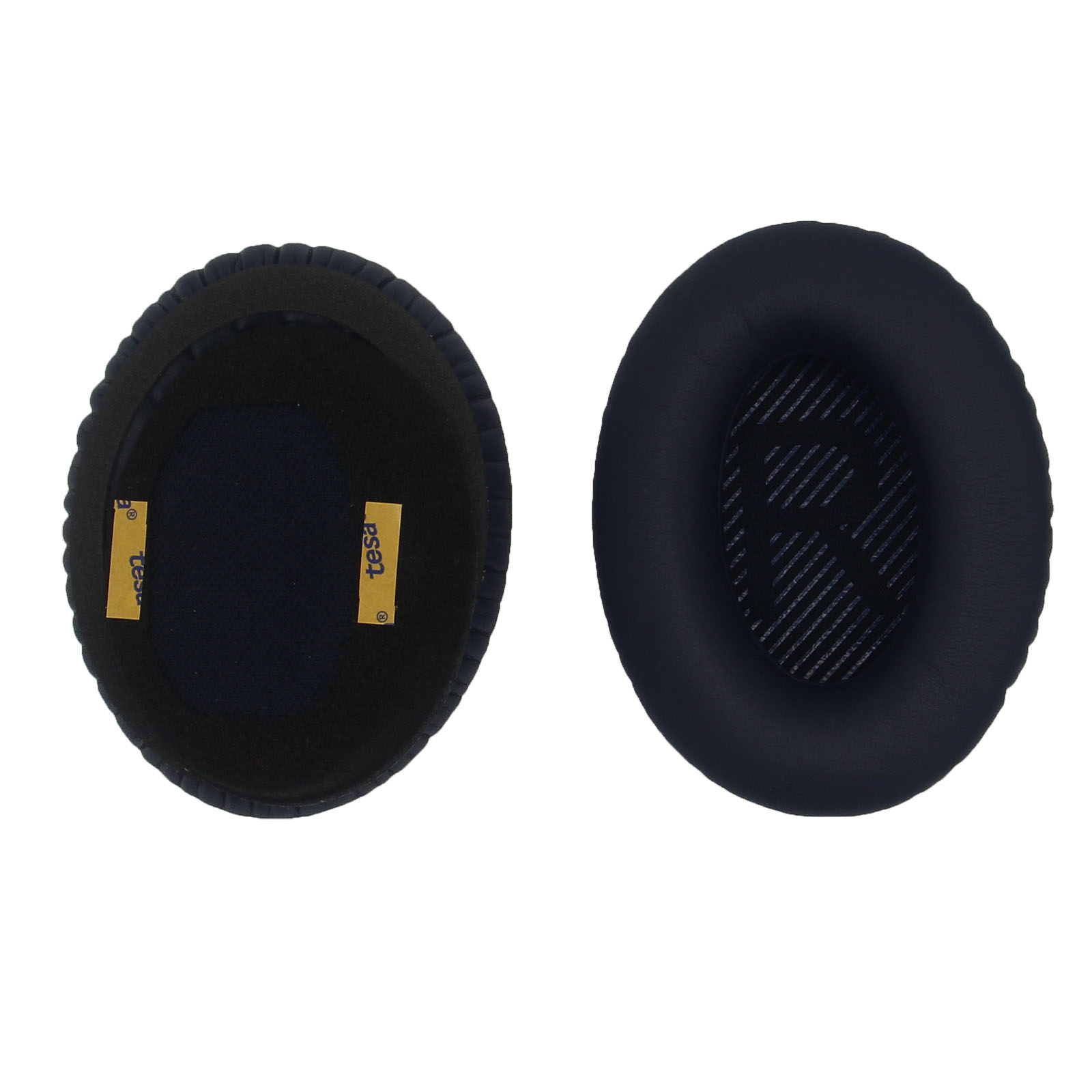 Due cuscinetti auricolari neri con supporto adesivo, etichettati 'tesa', per cuffie.