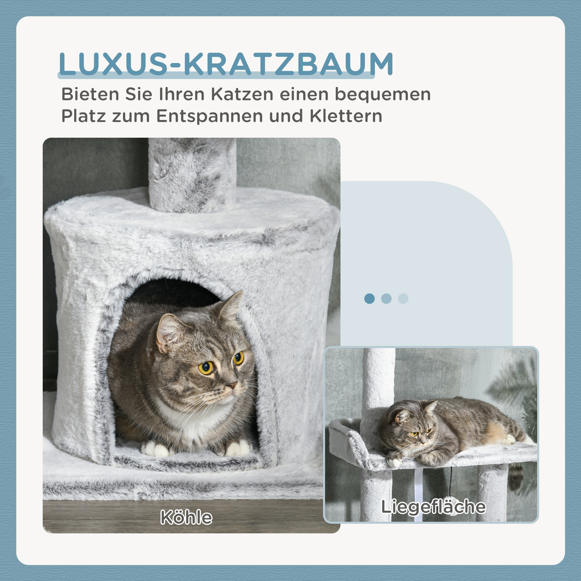 Eine Katze sitzt in einem Katzenbaumhaus. Die Katze ist grau mit gelben Augen. Der Baum ist hauptsächlich weiß und grau.