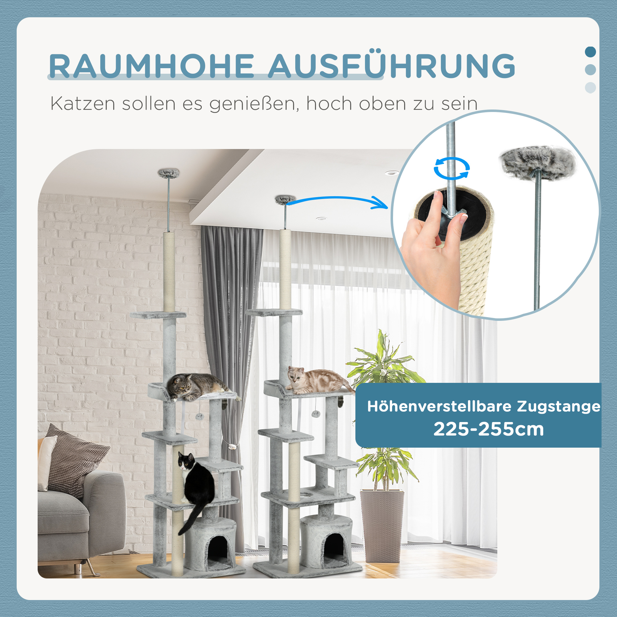 Katzenbaum mit mehreren Ebenen, Katzen auf Ebenen. Verstellbare Höhe.