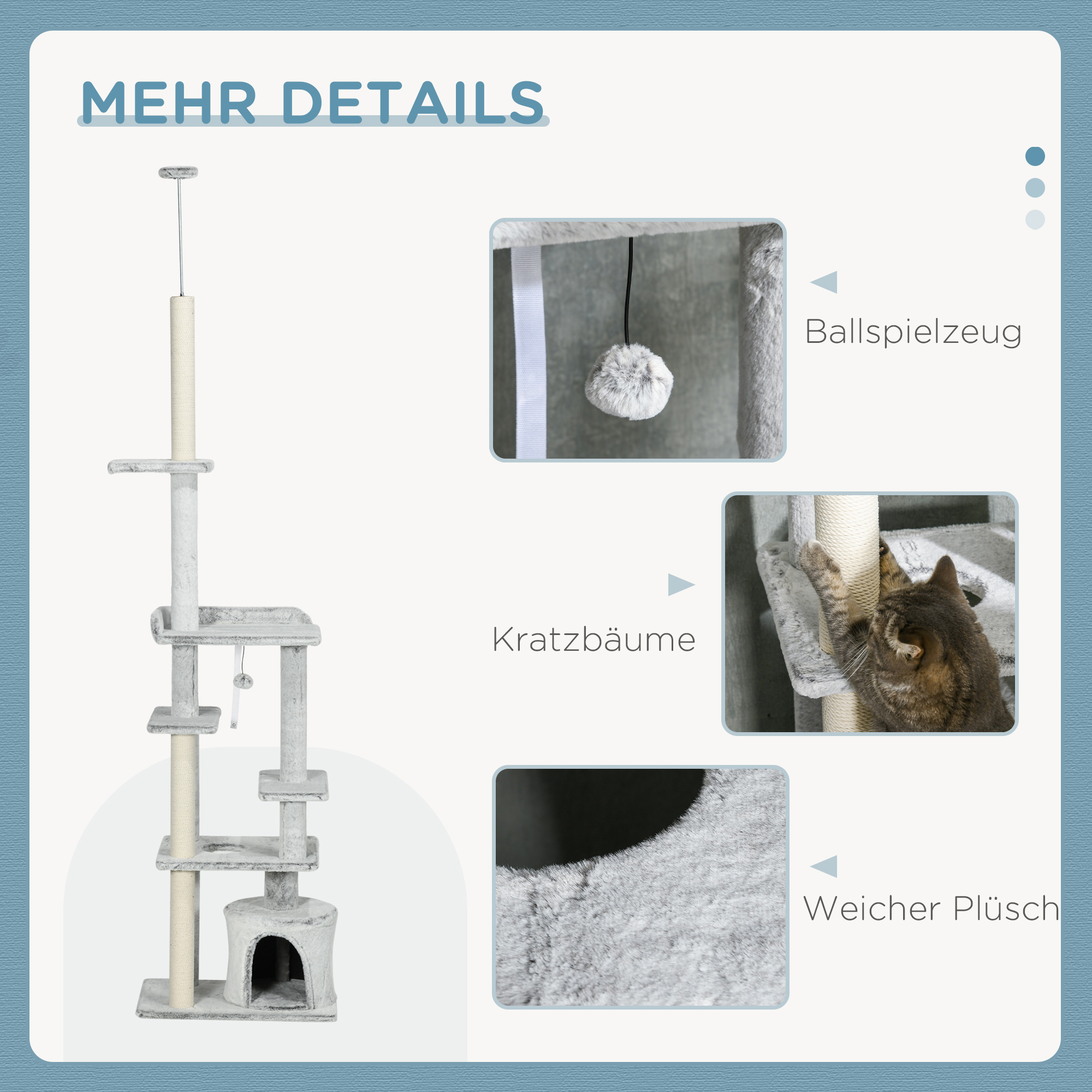 Nahaufnahmen eines Kratzbaums mit Spielzeug, Kratzflächen und weichen Plüschdetails.