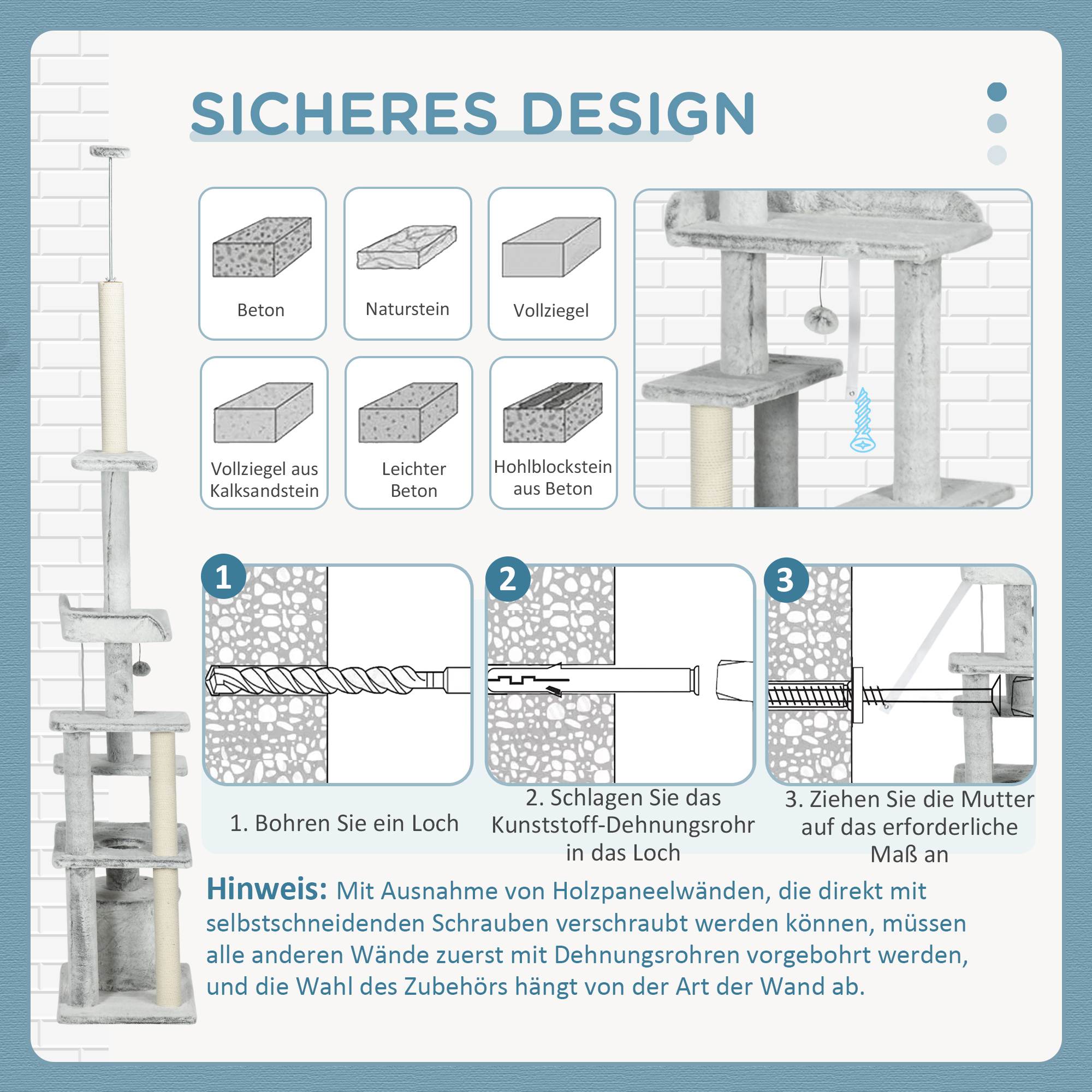 Diagramm, das das sichere Design und den Installationsprozess eines Kratzbaums zeigt. Mit verschiedenen Wandtypen und Schritten.