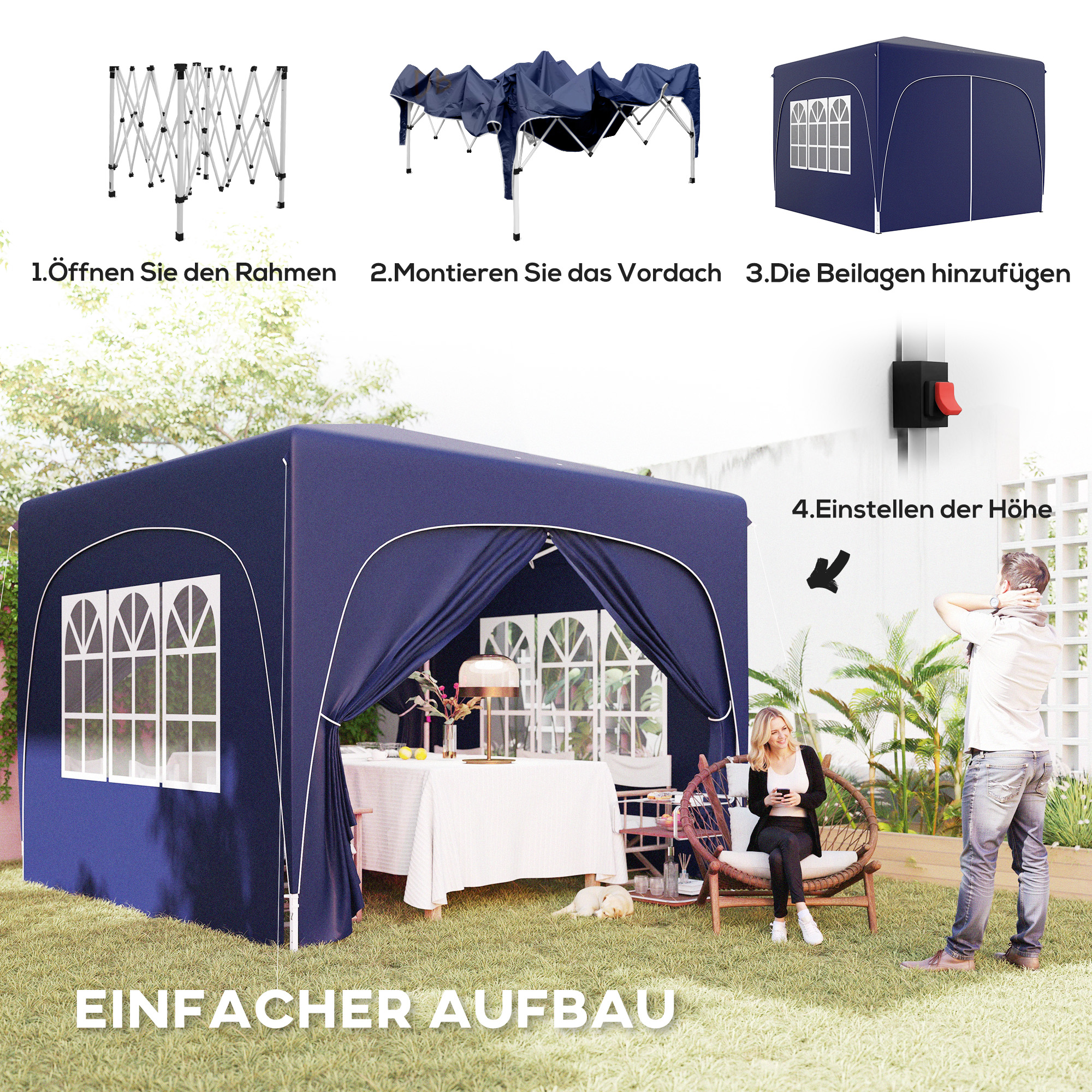 Anweisungen zum Aufbau eines blauen Pavillons. Eine Frau und ein Mann arbeiten daran. Weiße Fenster werden gezeigt.