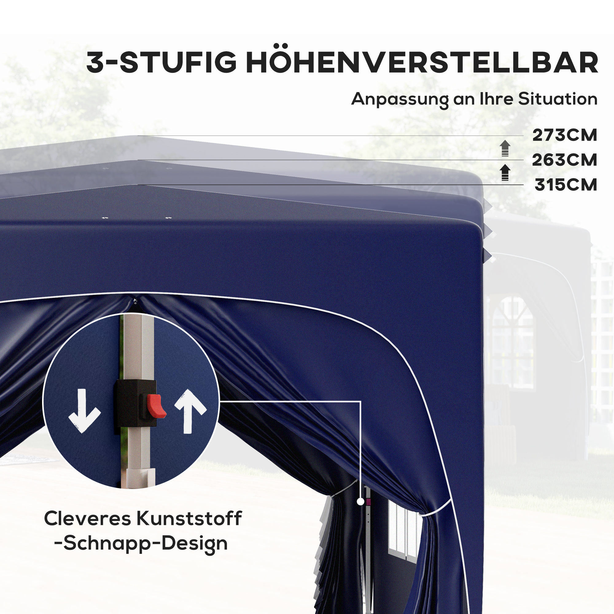 Ein marineblauer Pavillon mit einstellbaren Höheneinstellungen und einem cleveren Schnappverschluss-Design.