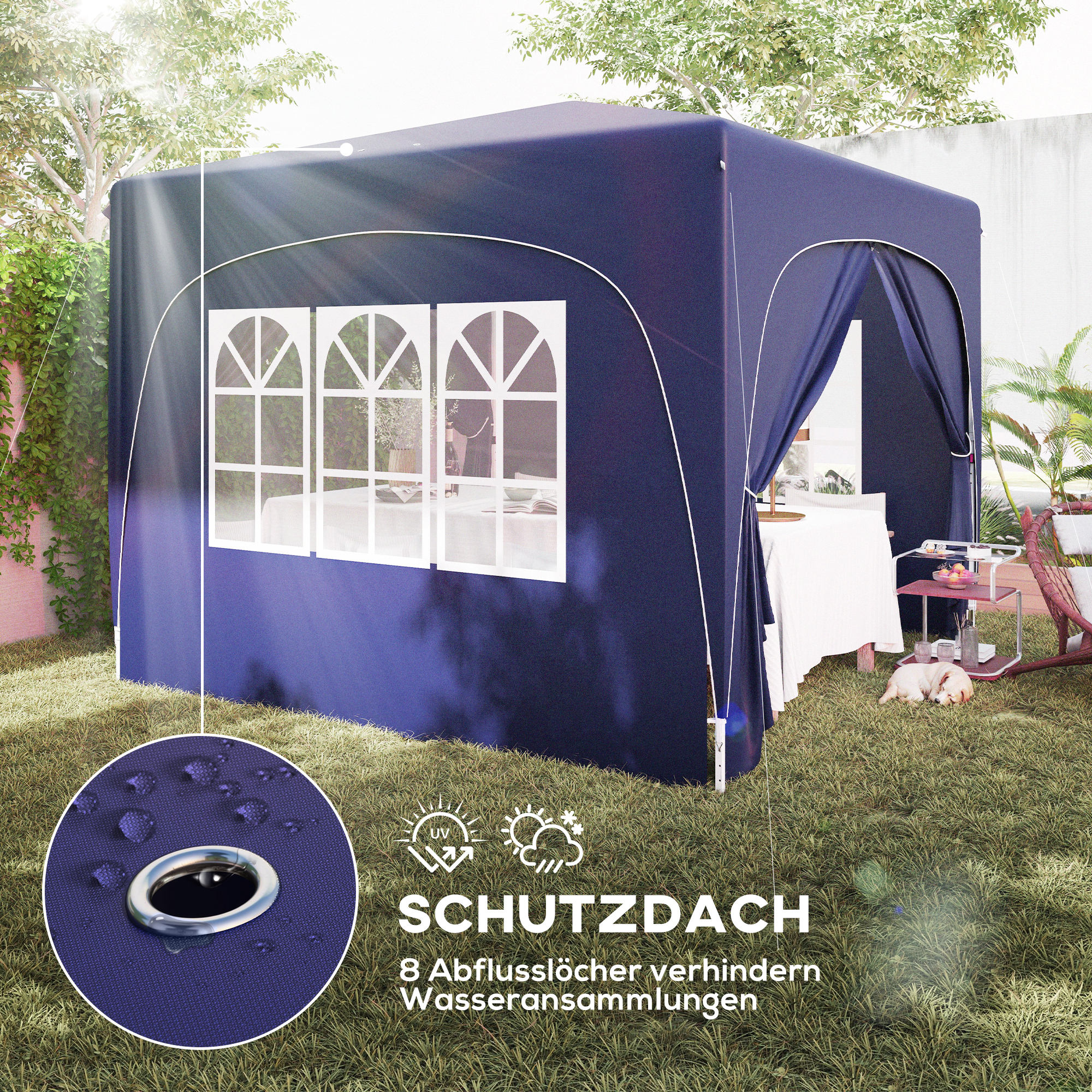 Ein blauer Pavillon in einem Garten mit Rasen. Es ist sonnig mit Wassertropfen auf dem Dach.