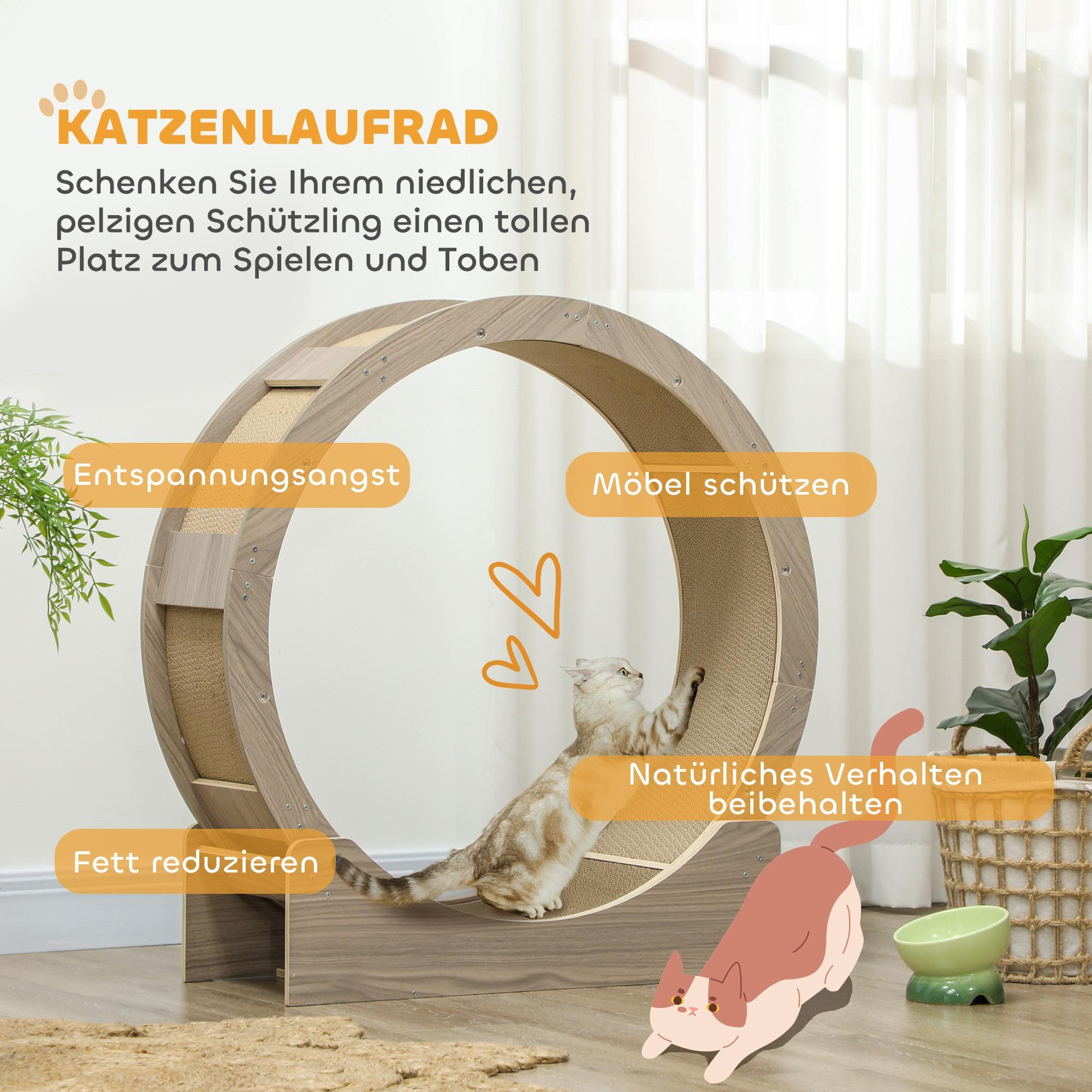 Eine Katze benutzt einen Katzenschaber mit vielfältigen Vorteilen. Text und Symbole heben Merkmale und Vorteile hervor.