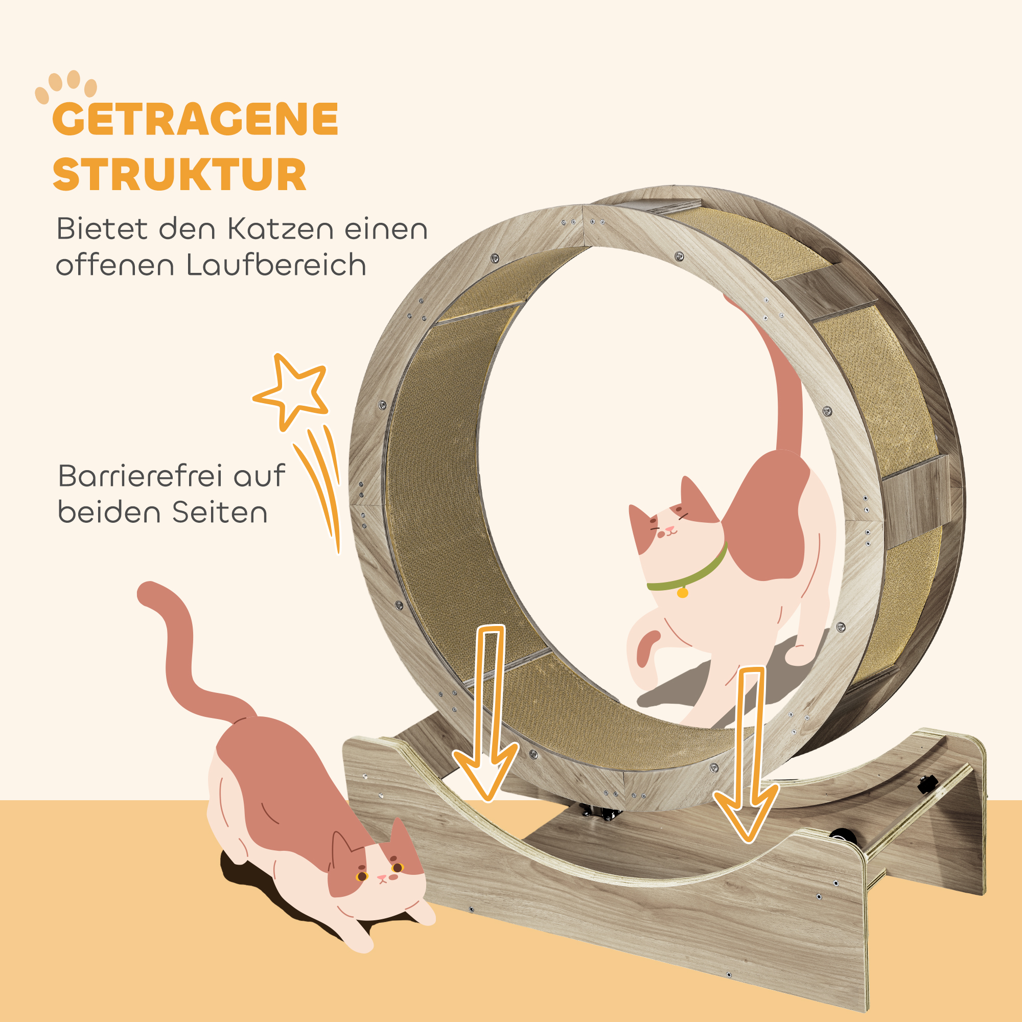 Illustration eines Katzenrads mit zwei Katzen und Text. Das Rad ist braun und hat Kratzbereiche.